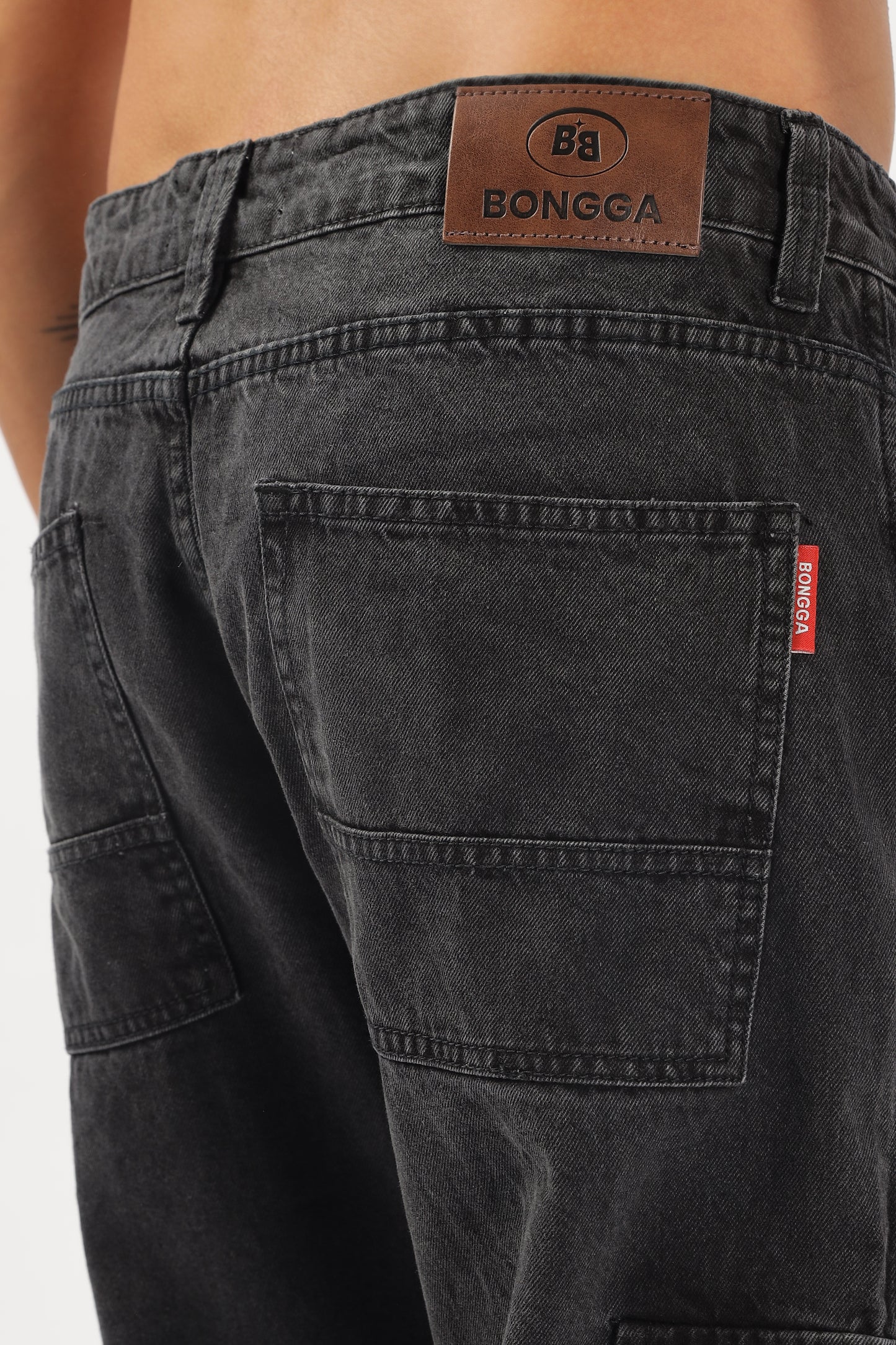 Charcoal Grey & Black Plain Baggy Fit Cargo