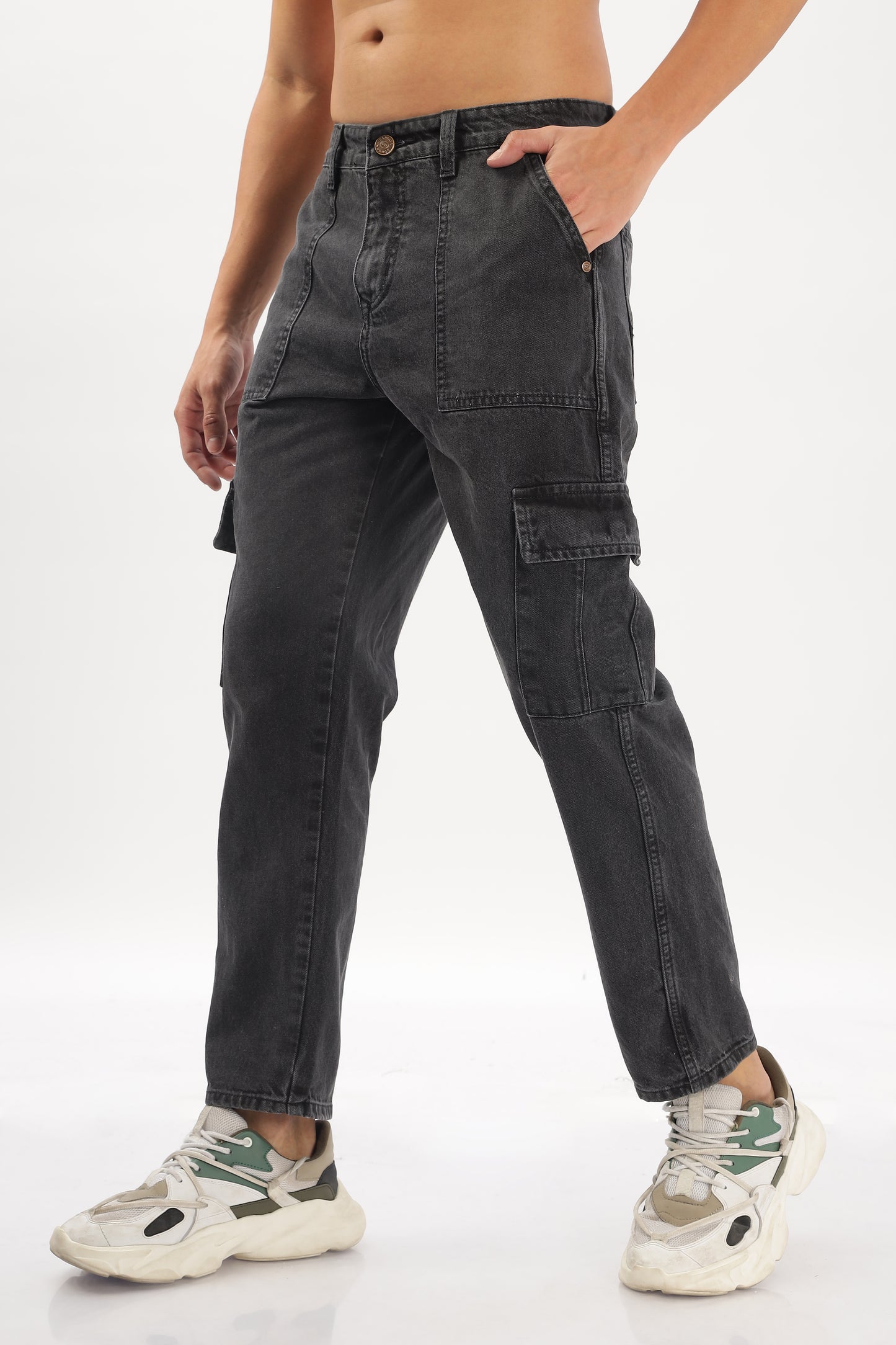 Charcoal Grey & Black Plain Baggy Fit Cargo