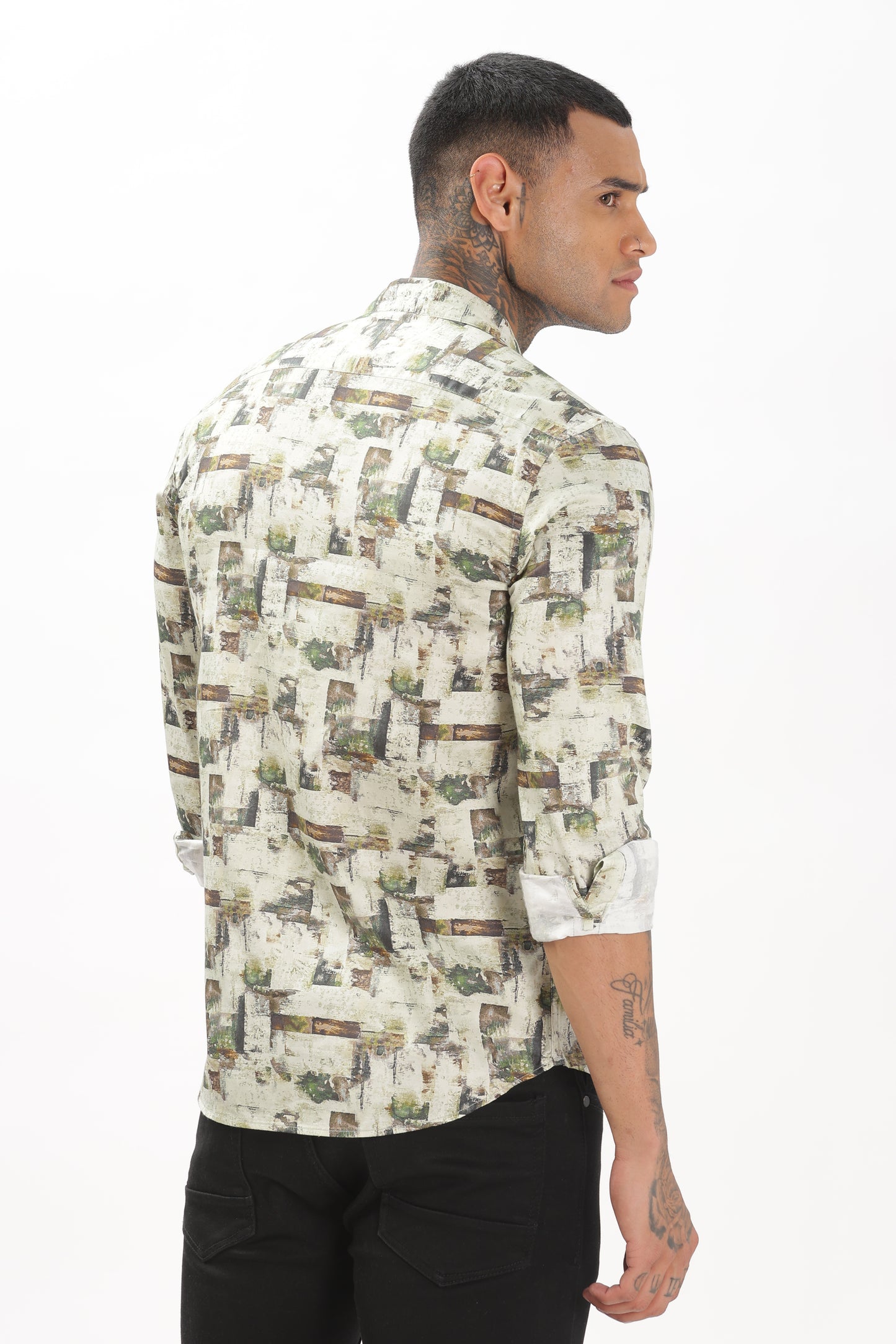 Green & White Graphic Blended Shirt