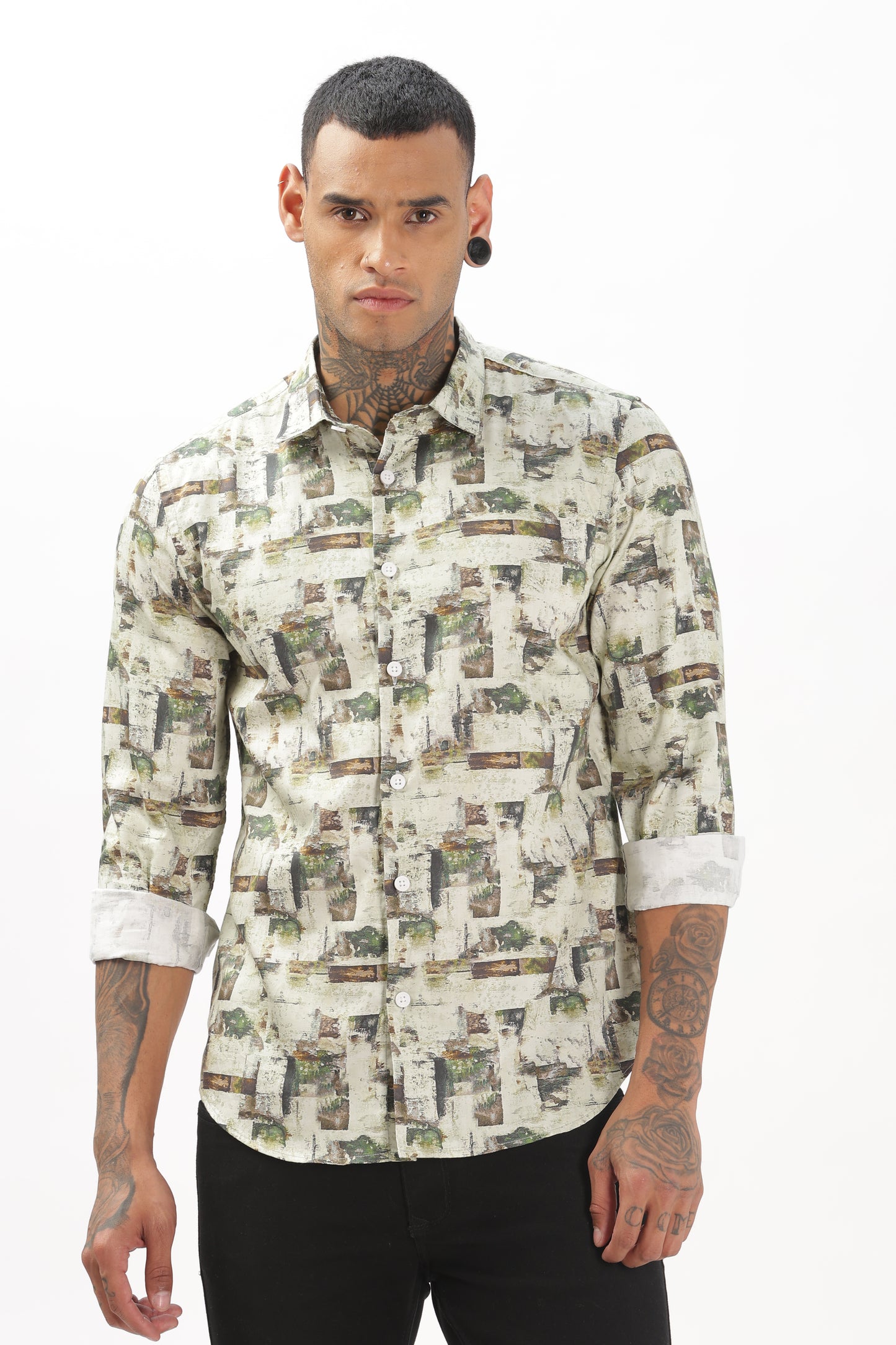 Green & White Graphic Blended Shirt
