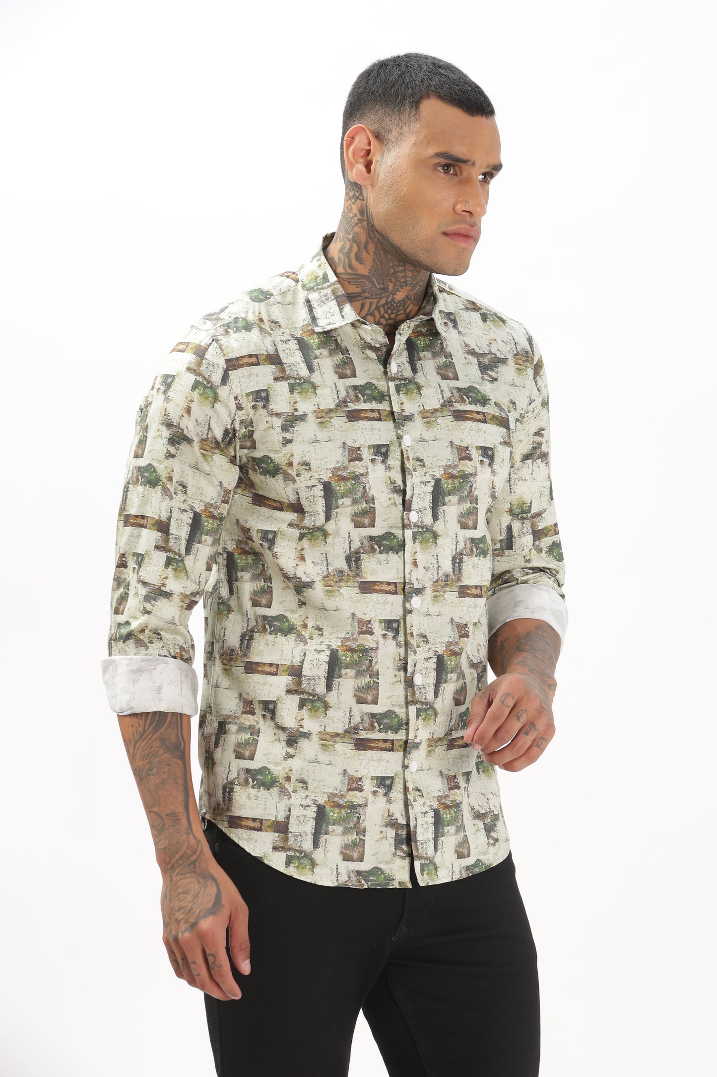 Green & White Graphic Blended Shirt