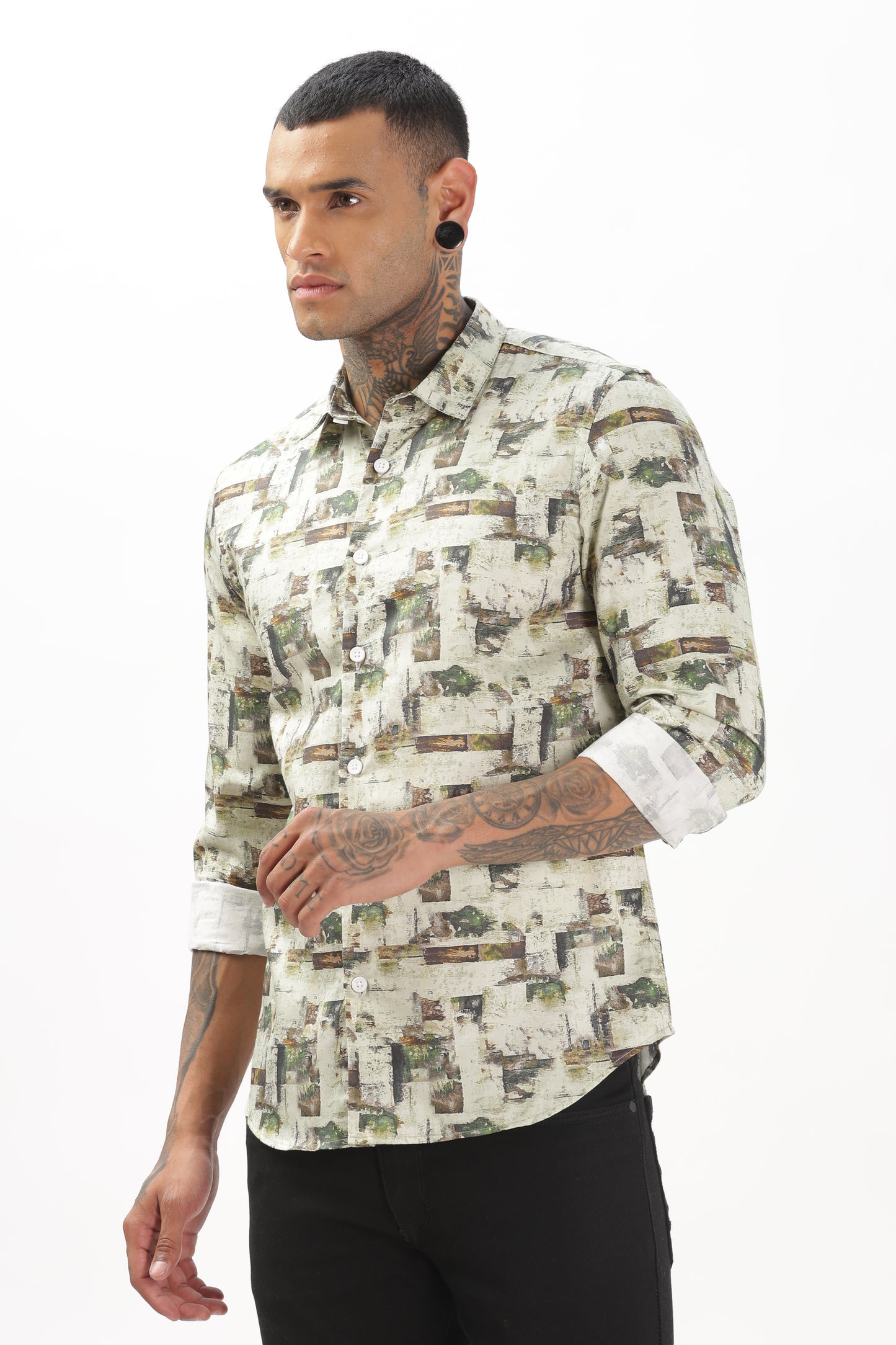 Green & White Graphic Blended Shirt
