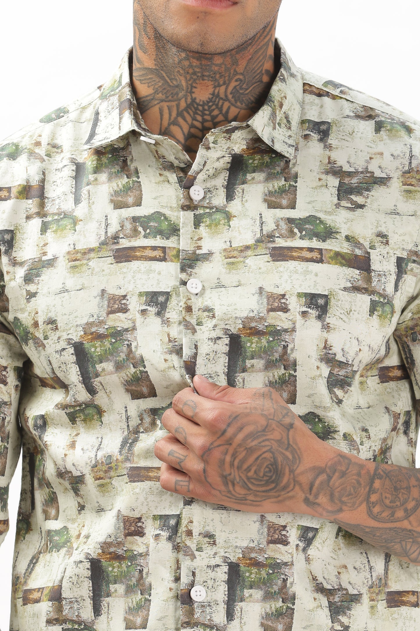 Green & White Graphic Blended Shirt