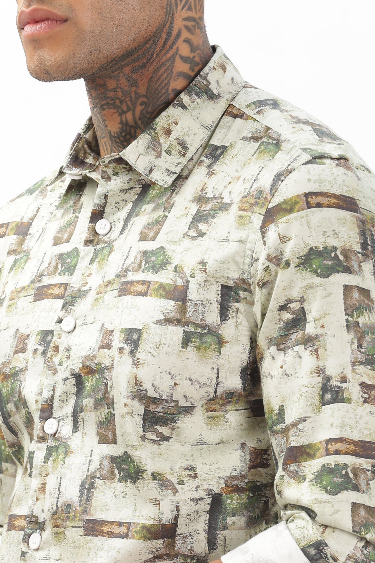Green & White Graphic Blended Shirt