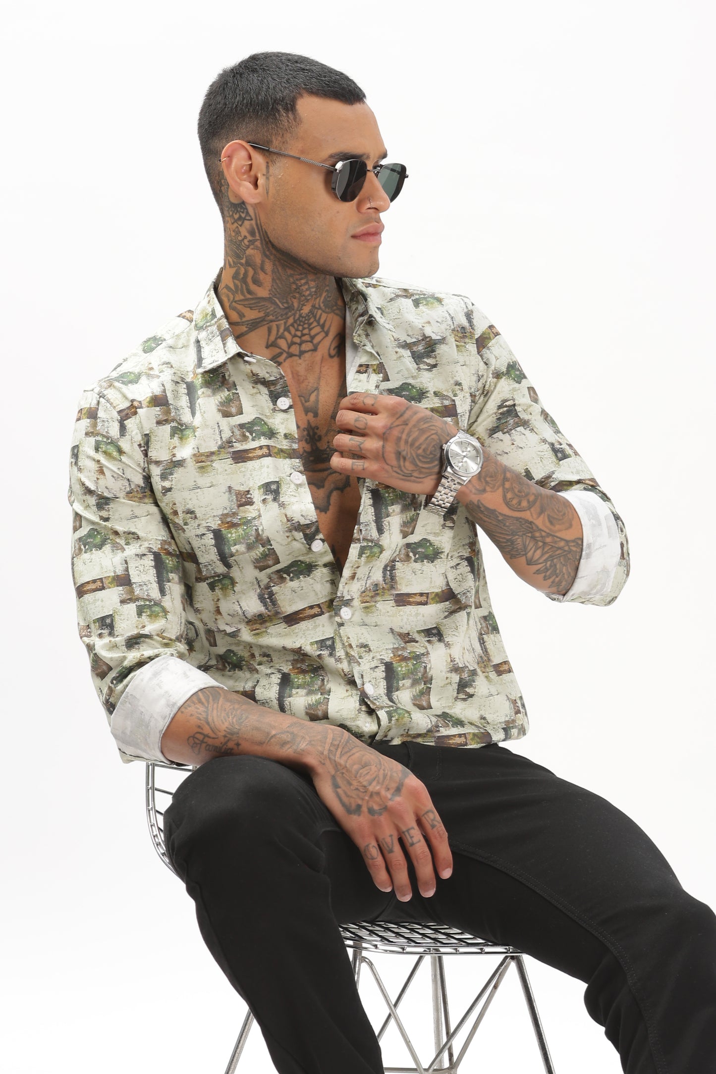 Green & White Graphic Blended Shirt