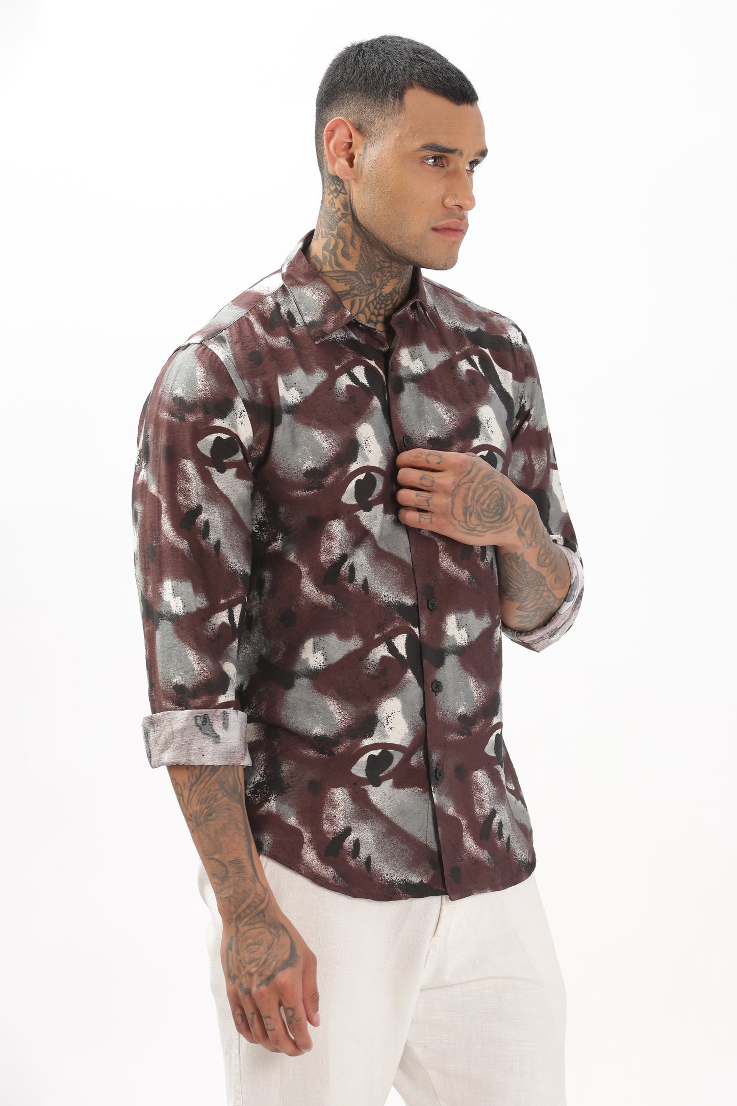 Brownish Graphic Black Blended Shirt