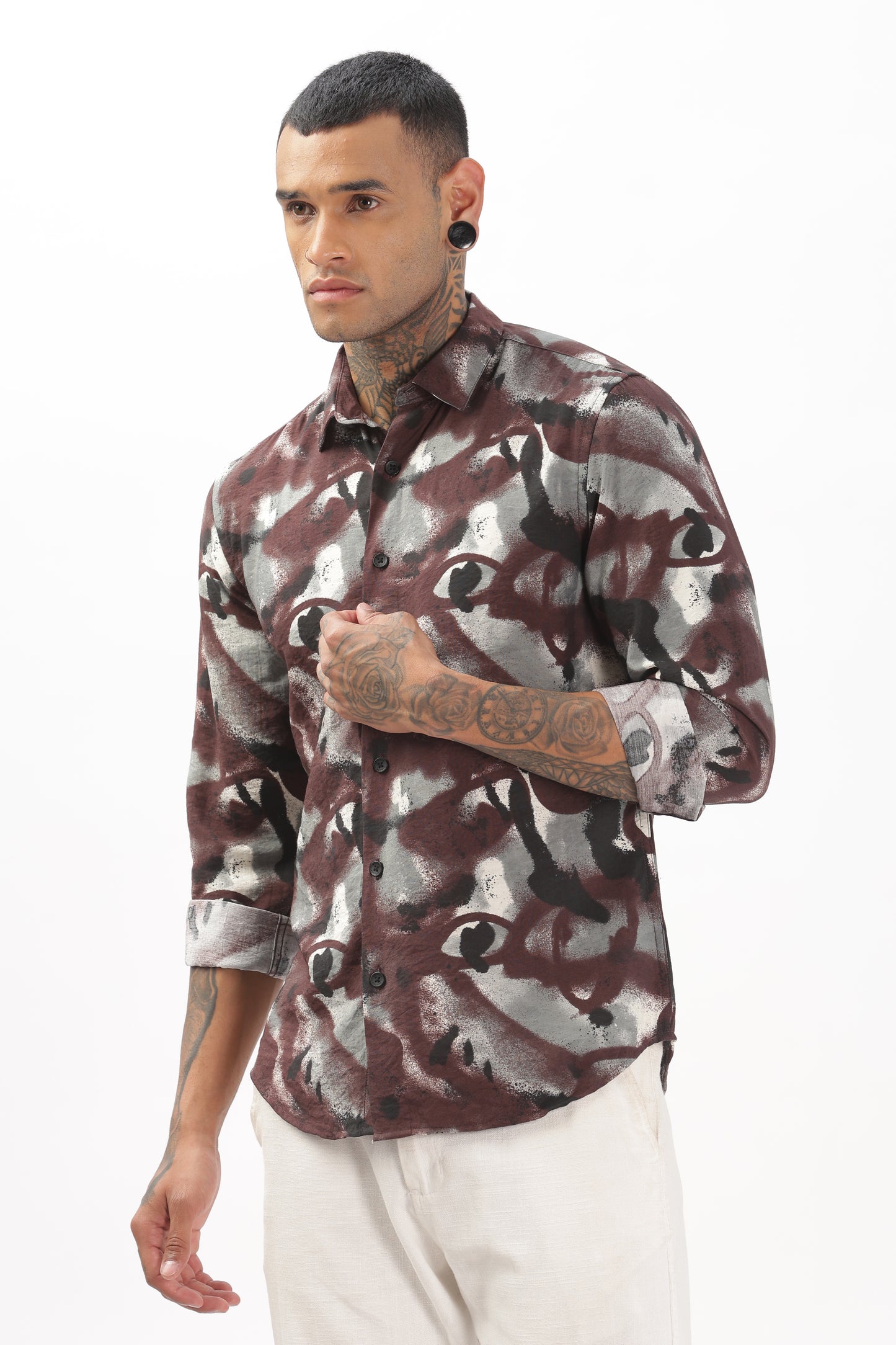 Brownish Graphic Black Blended Shirt