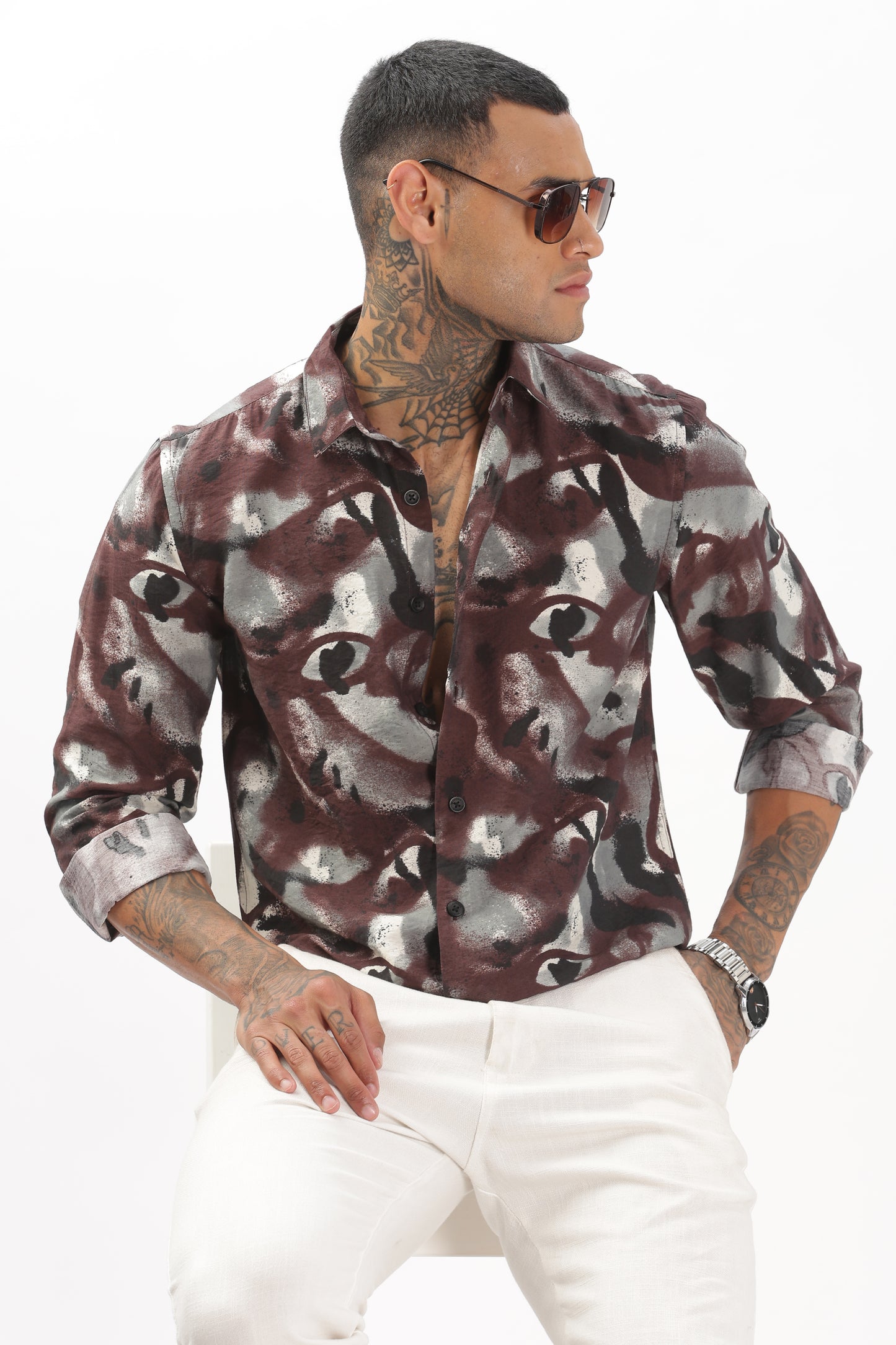 Brownish Graphic Black Blended Shirt