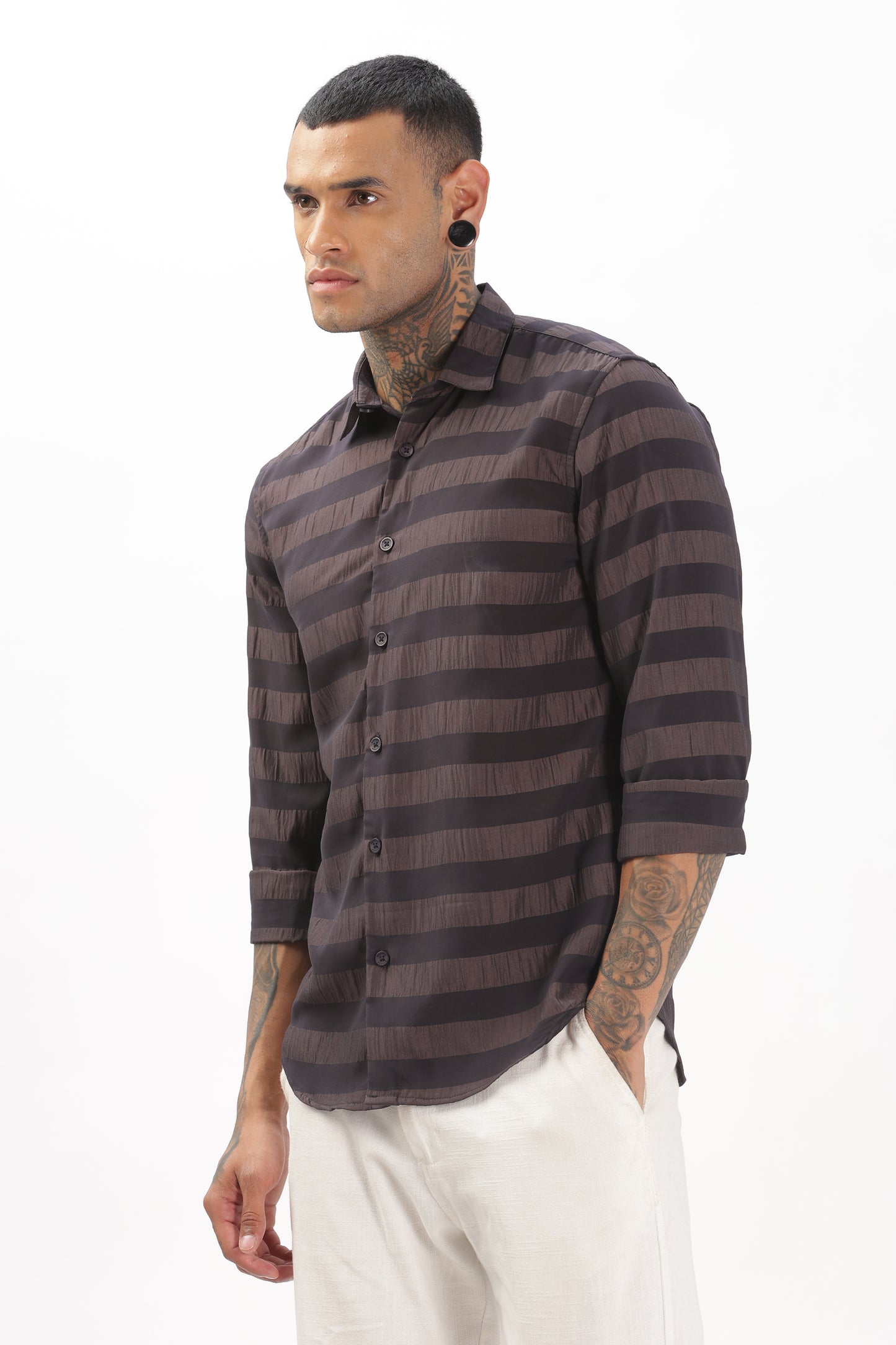 Shiny Brownish-Black Stripe Shirt