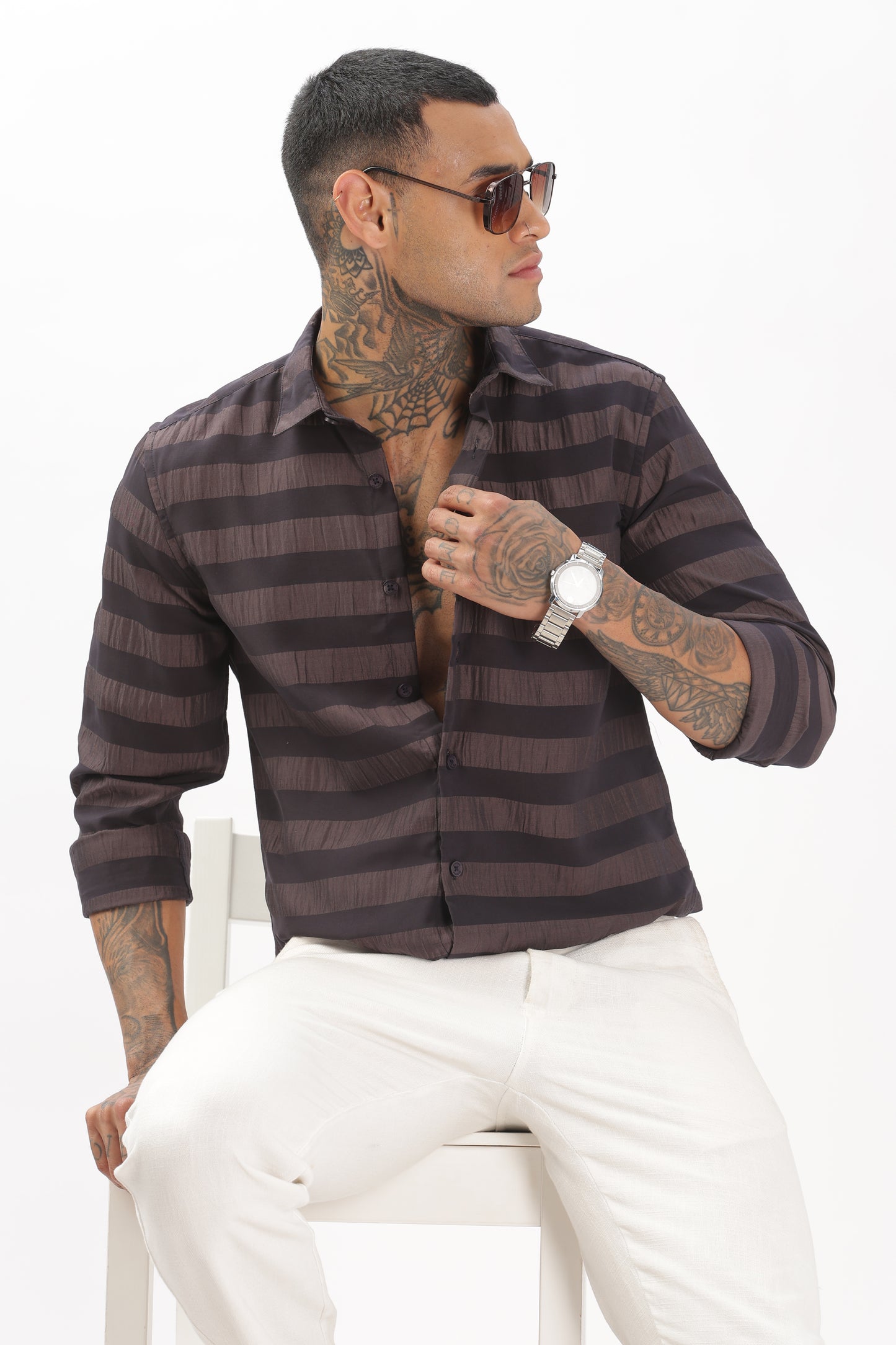 Shiny Brownish-Black Stripe Shirt