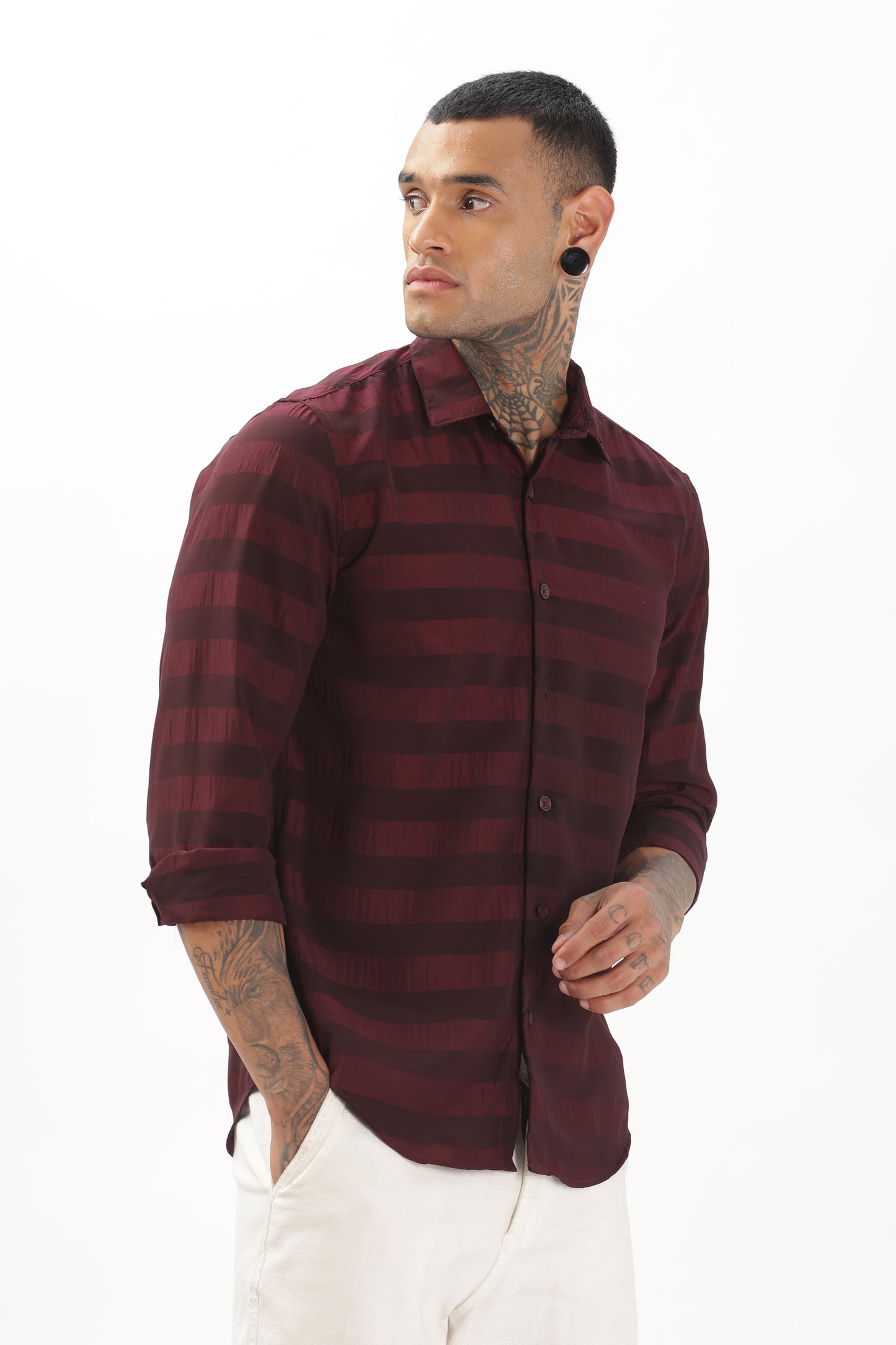 Shiny Reddish-Black Striped Shirt
