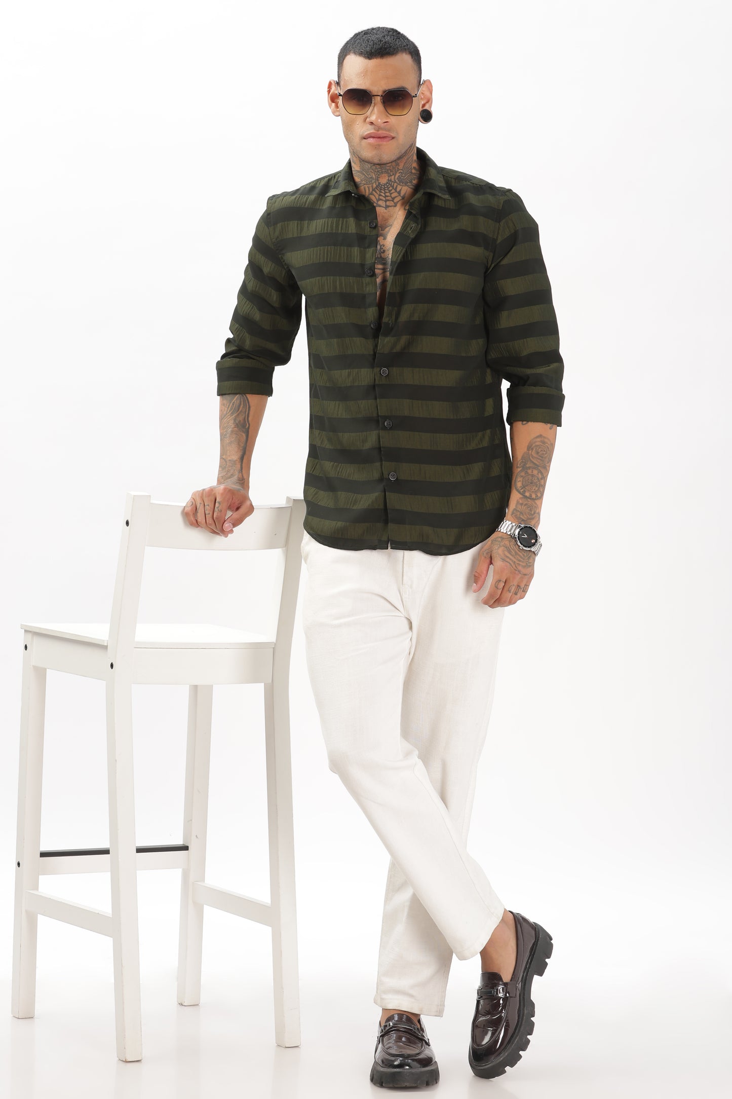 Shiny Greenish-Black Striped Shirt