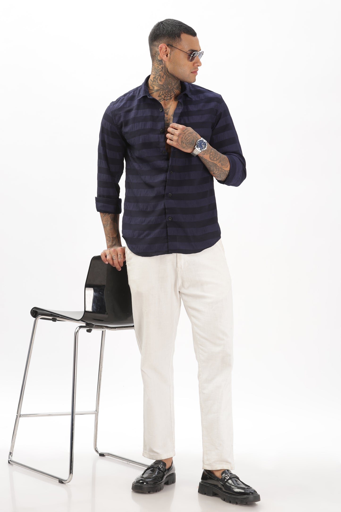 Shiny Bluish-Black Striped Shirt