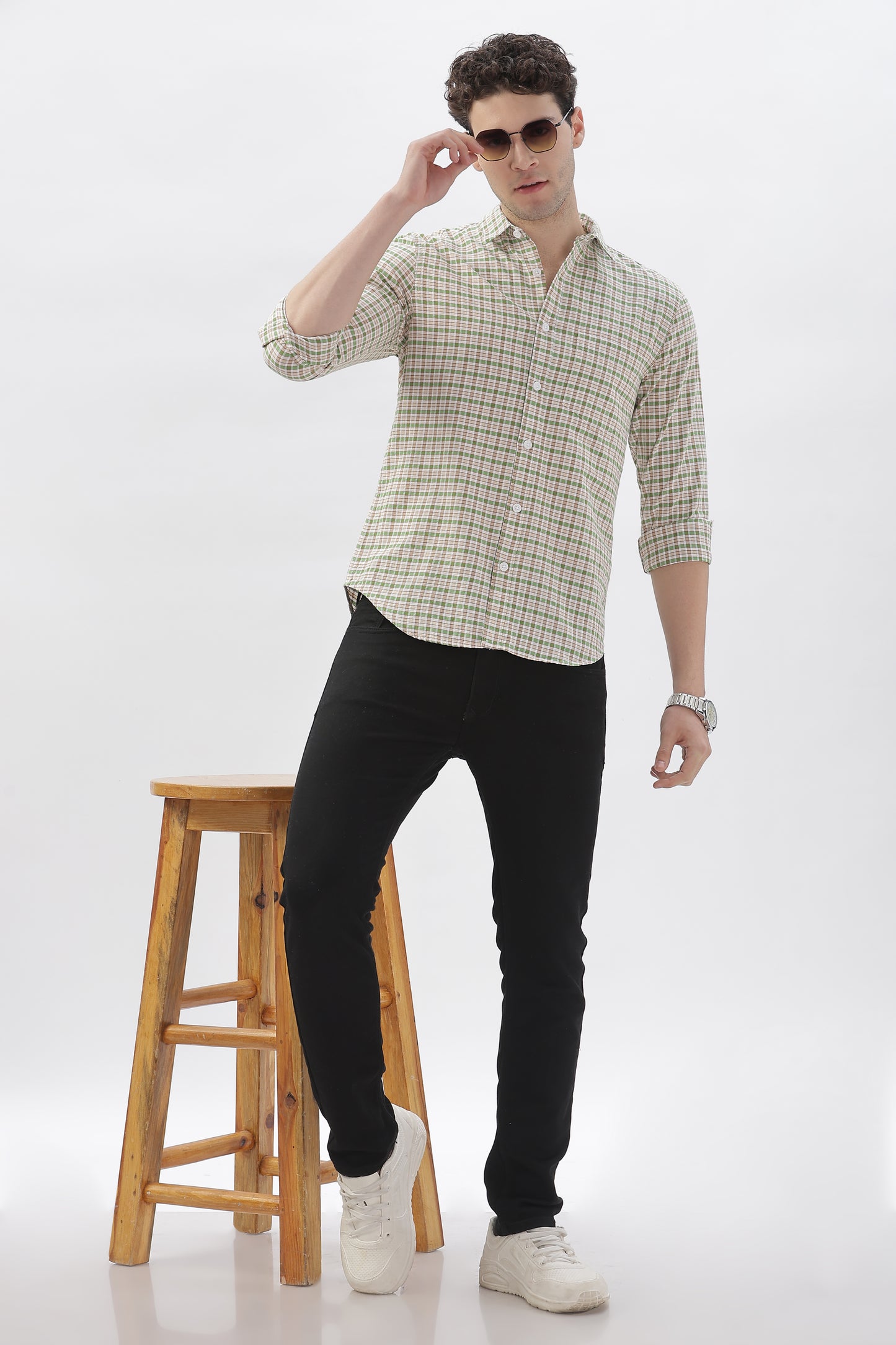 Two-Tone Green and White Check Shirt