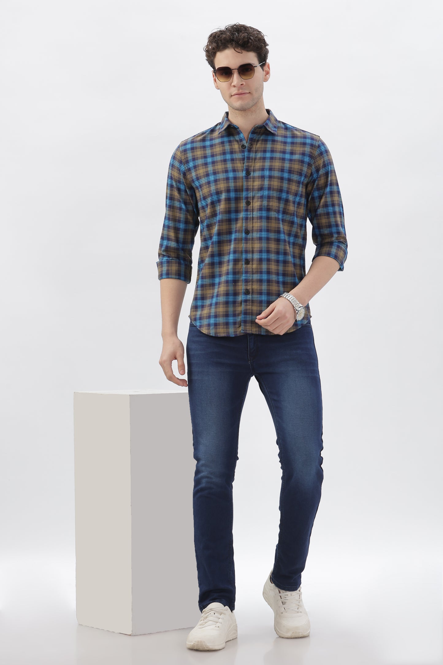 Blue & Gray Checked Plaid Shirt