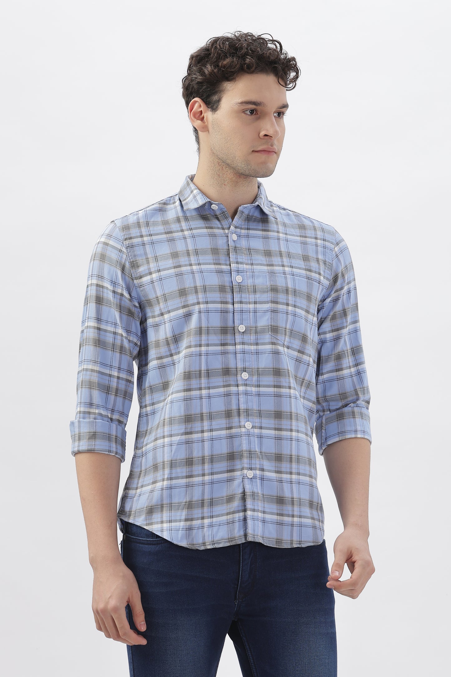 Soft Blue and Grey Checked Shirt
