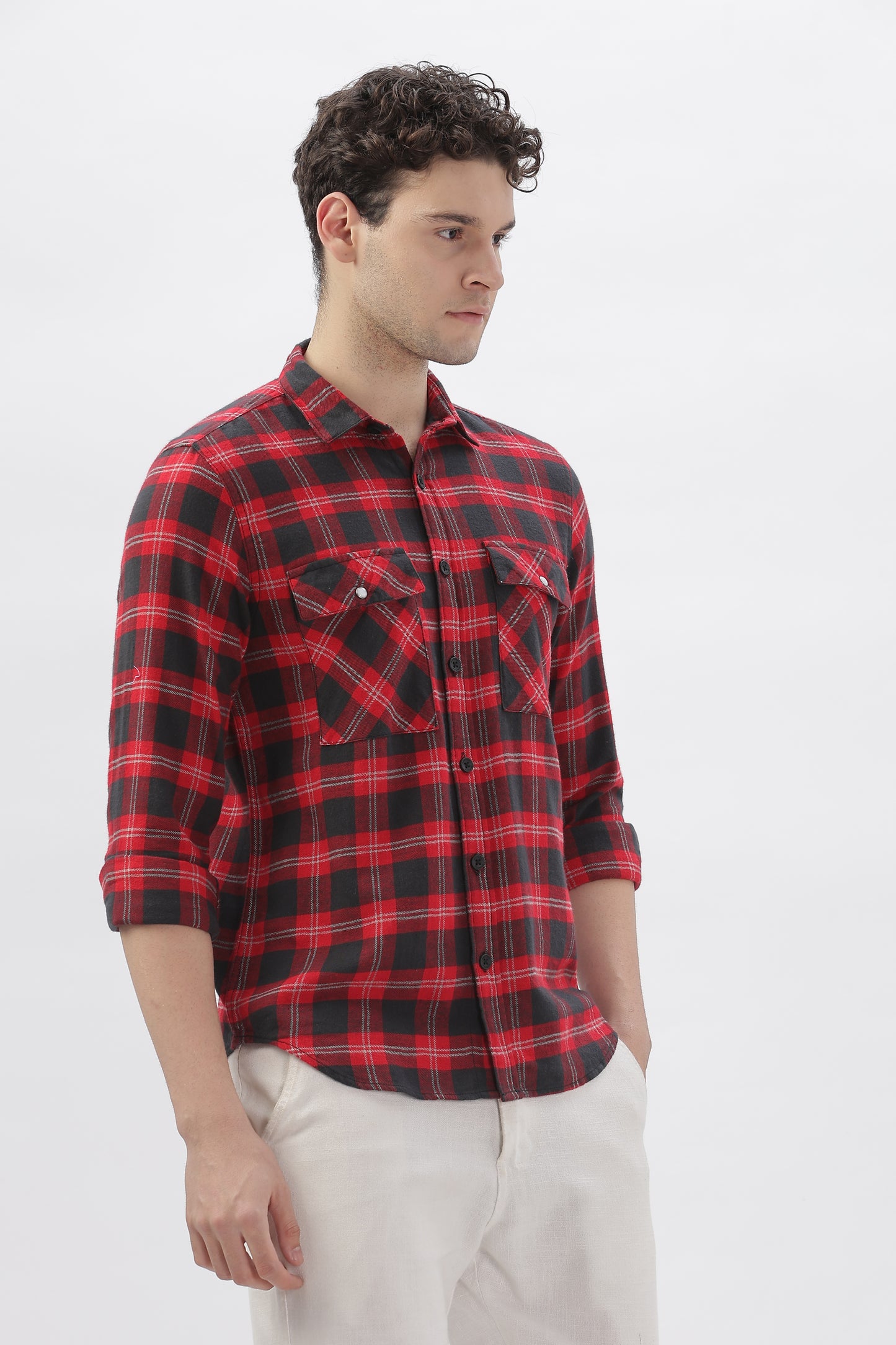 Double Pocket Red Checkered Shirt