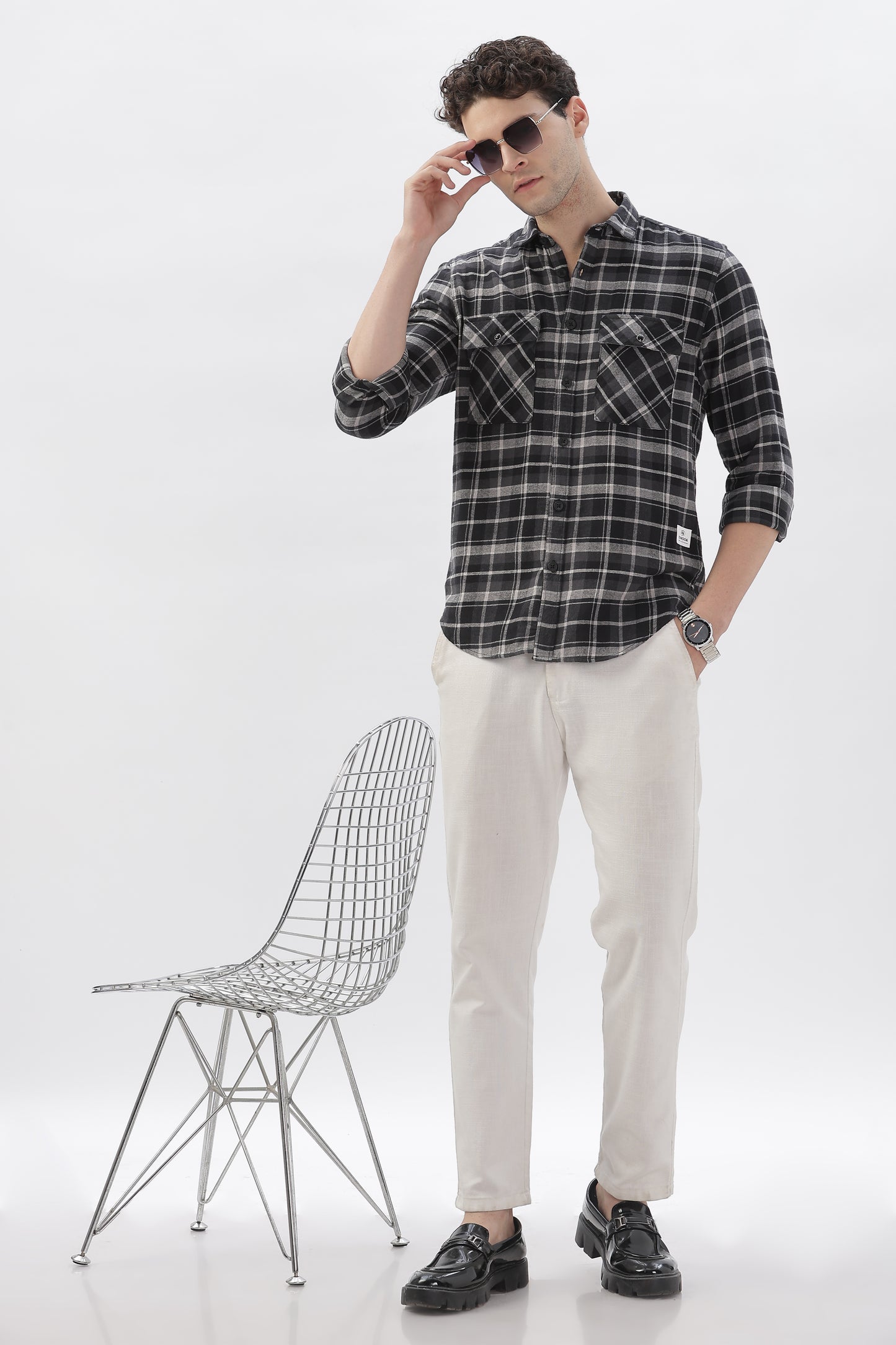 Double Pocket Black Checkered Shirt