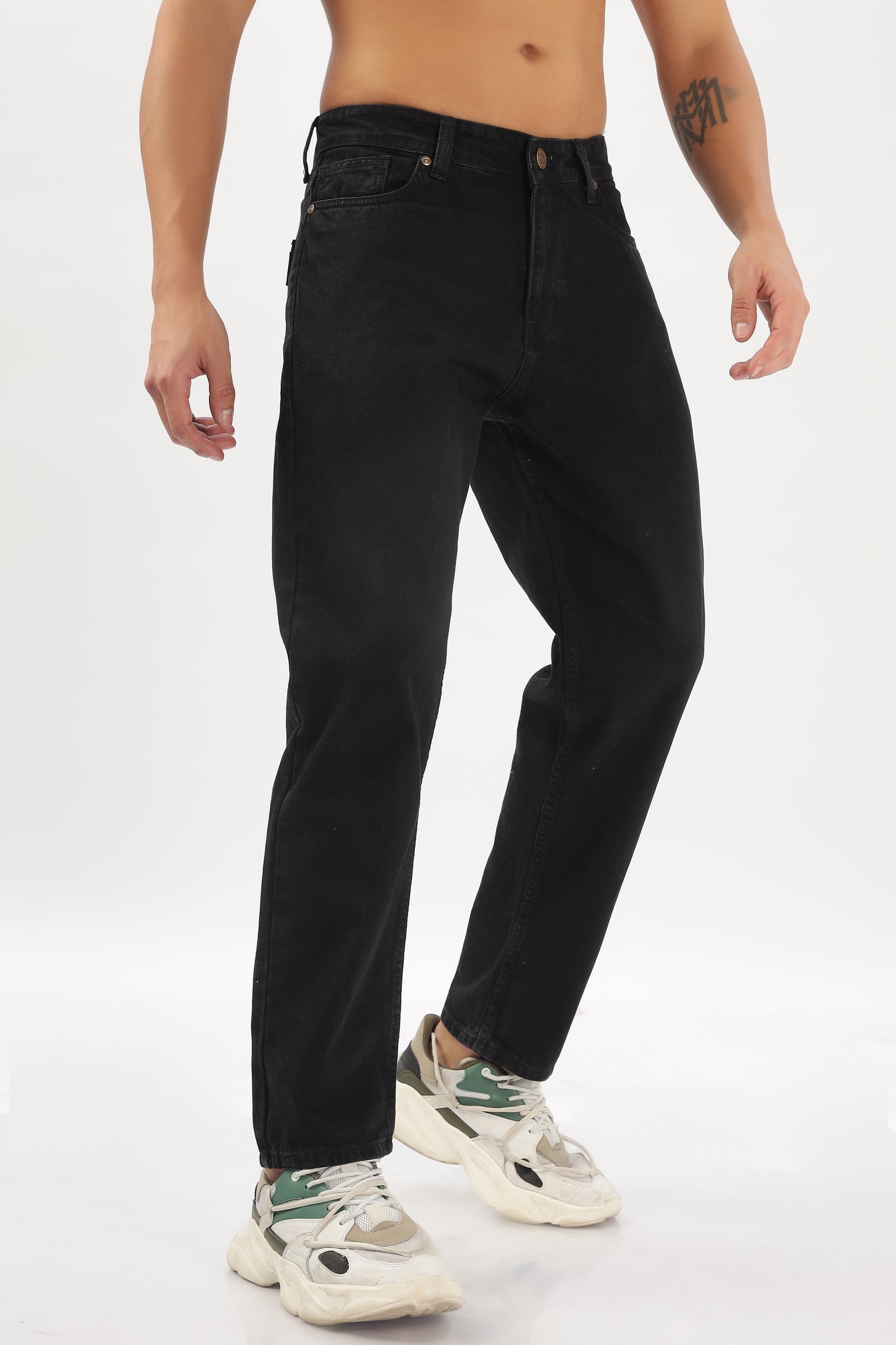 Charcoal Grey & Black Plain Baggy Fit Jeans