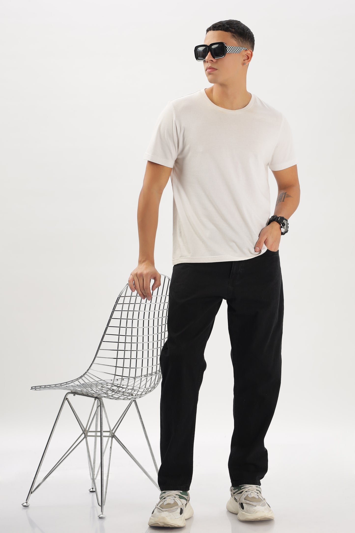 Charcoal Grey & Black Plain Baggy Fit Jeans