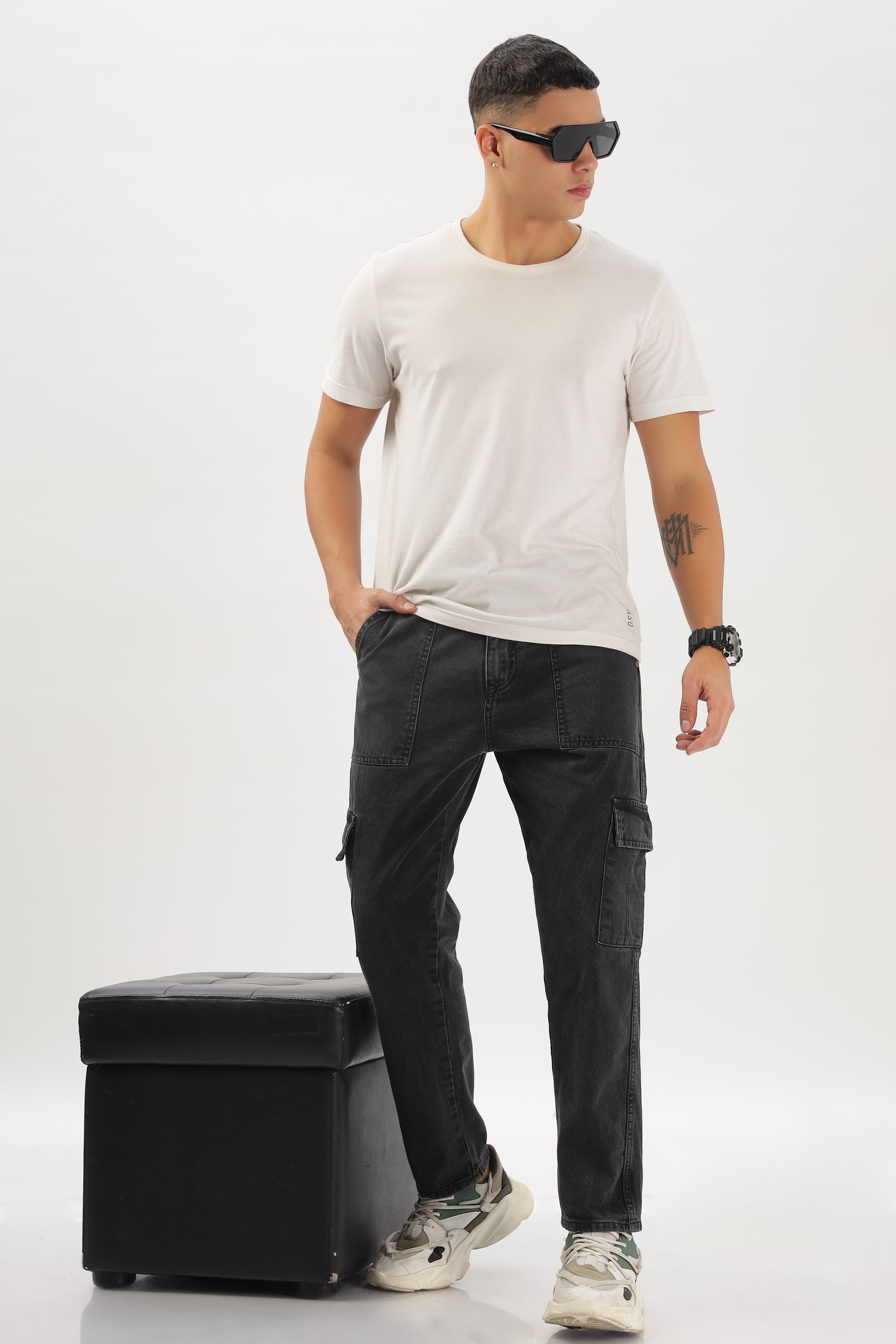 Charcoal Grey & Black Plain Baggy Fit Cargo