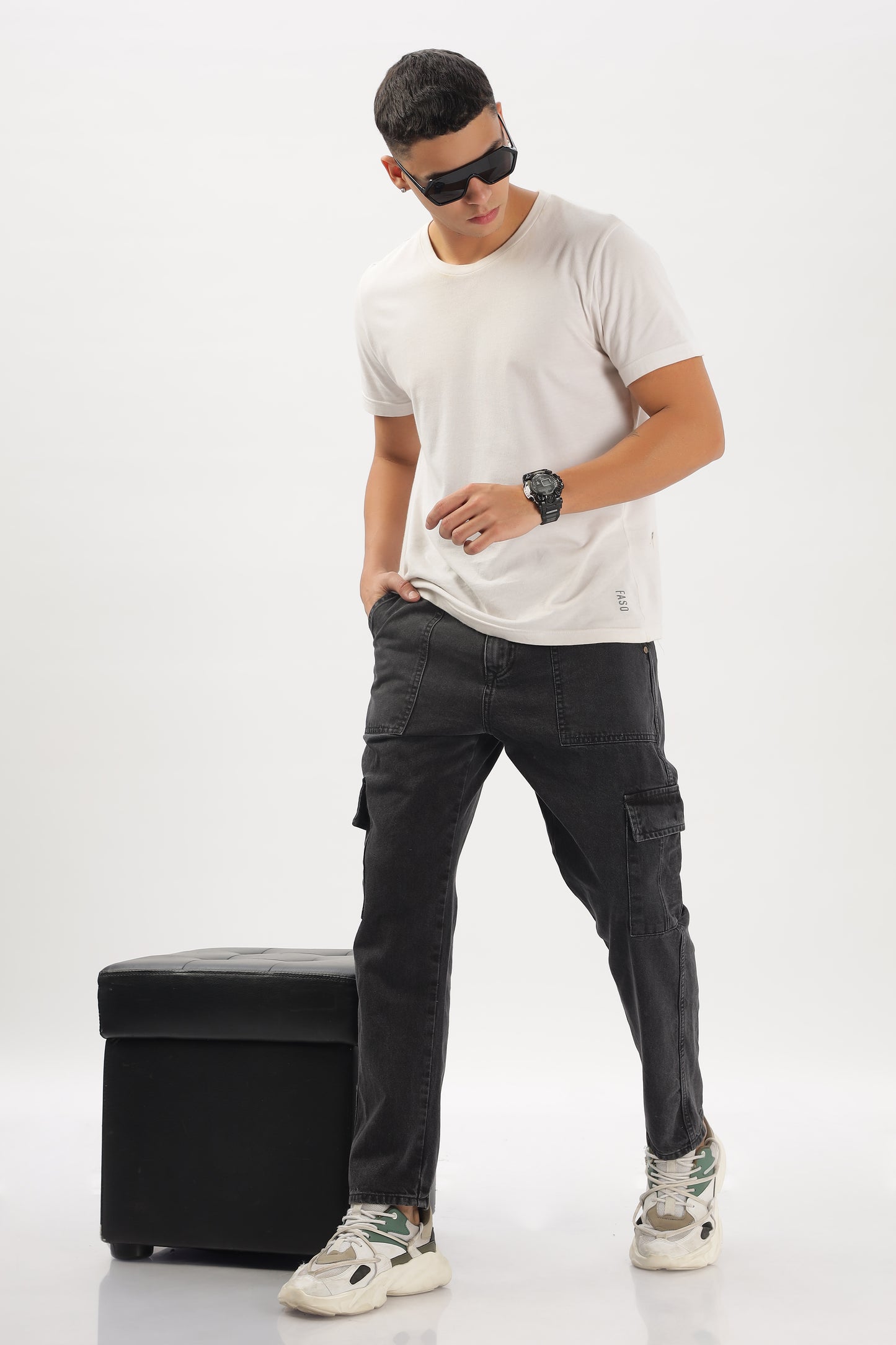 Charcoal Grey & Black Plain Baggy Fit Cargo