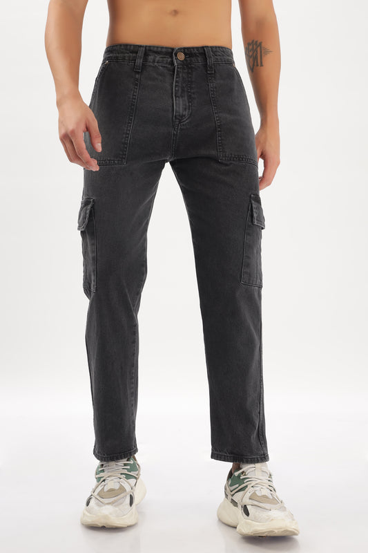 Charcoal Grey & Black Plain Baggy Fit Cargo