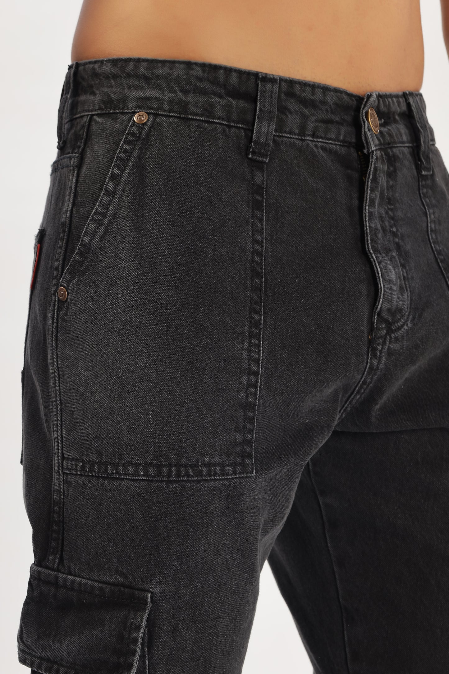 Charcoal Grey & Black Plain Baggy Fit Cargo