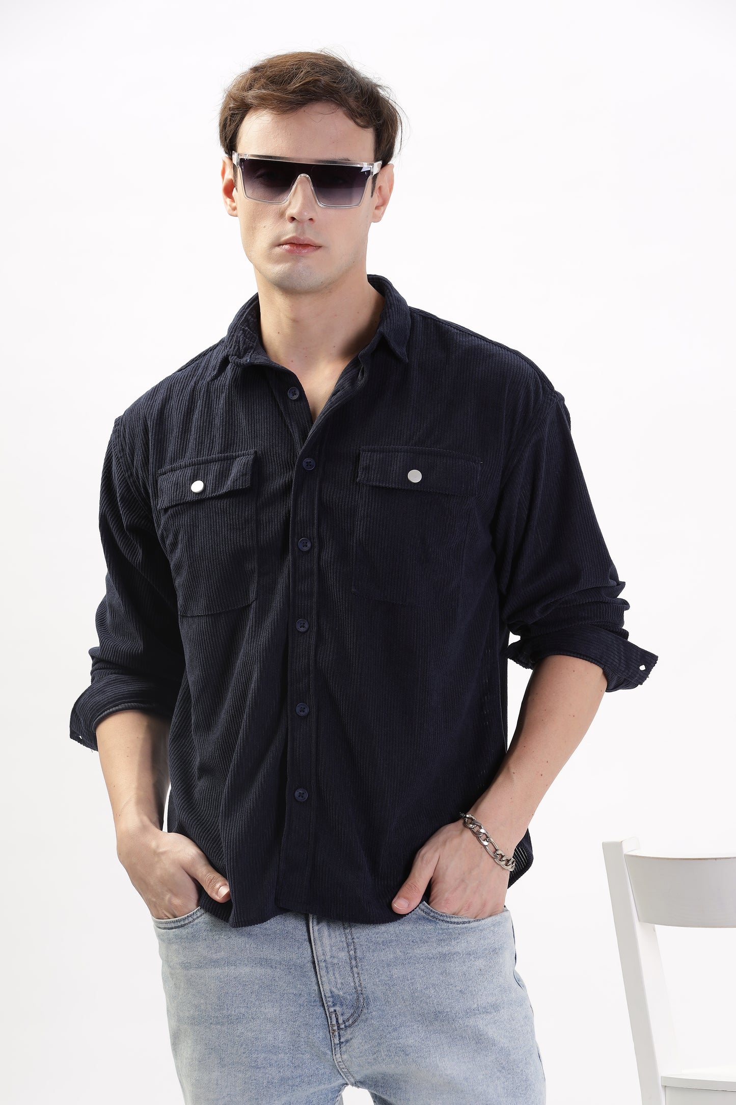 Cotrize Stylish Loose-Fit Blue Double Pocket Shirt