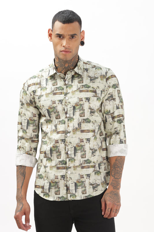 Green & White Graphic Blended Shirt