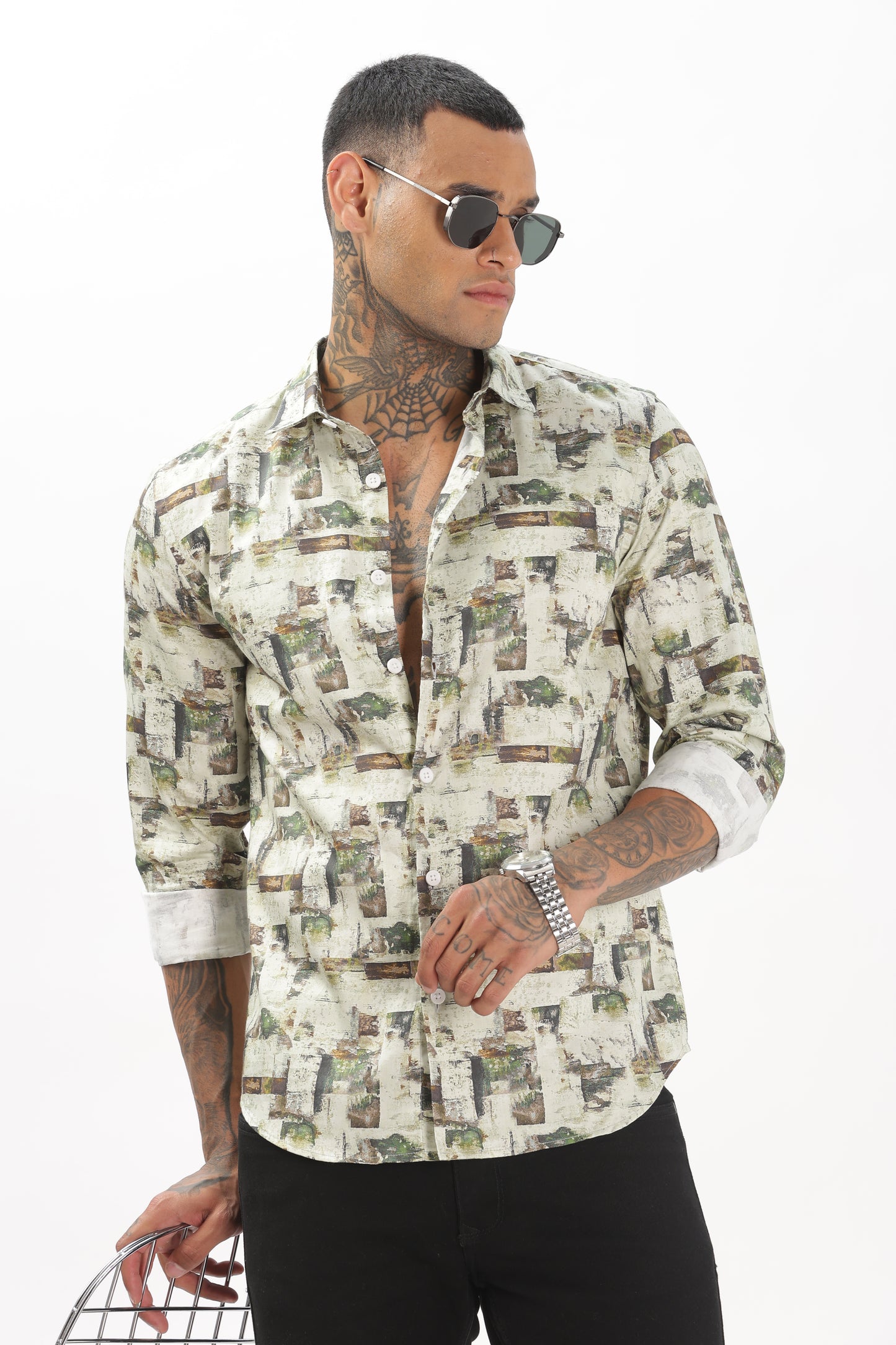 Green & White Graphic Blended Shirt