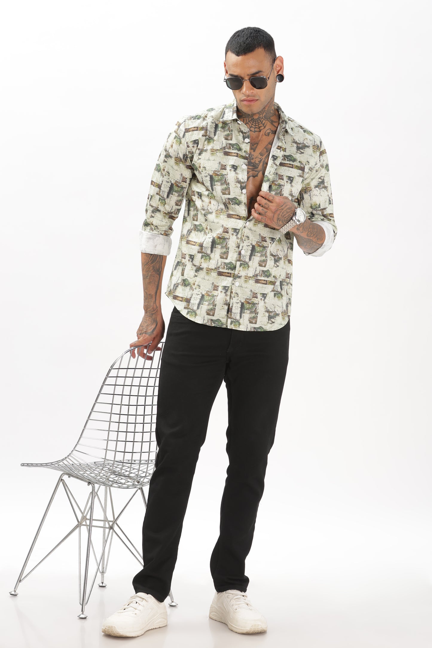 Green & White Graphic Blended Shirt