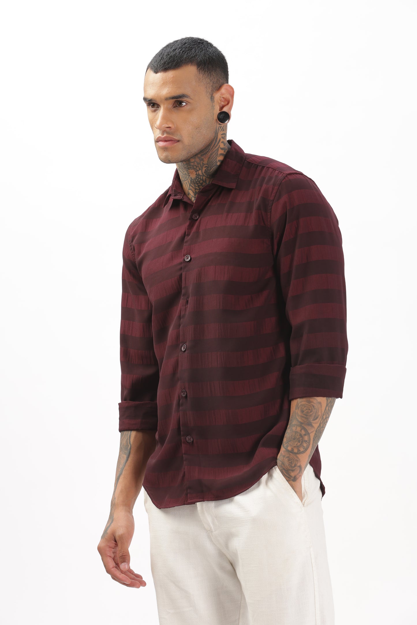 Shiny Reddish-Black Striped Shirt