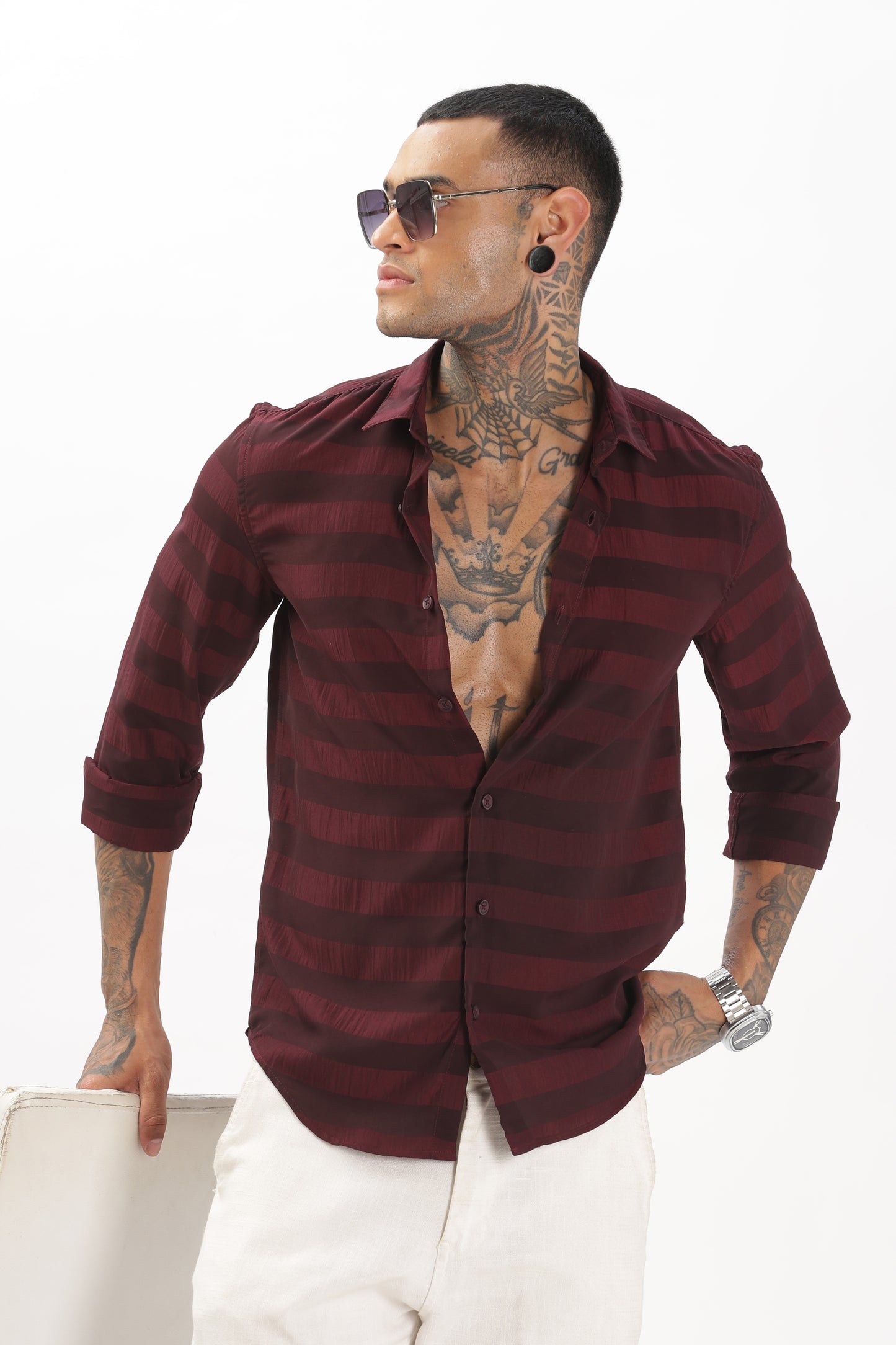 Shiny Reddish-Black Striped Shirt