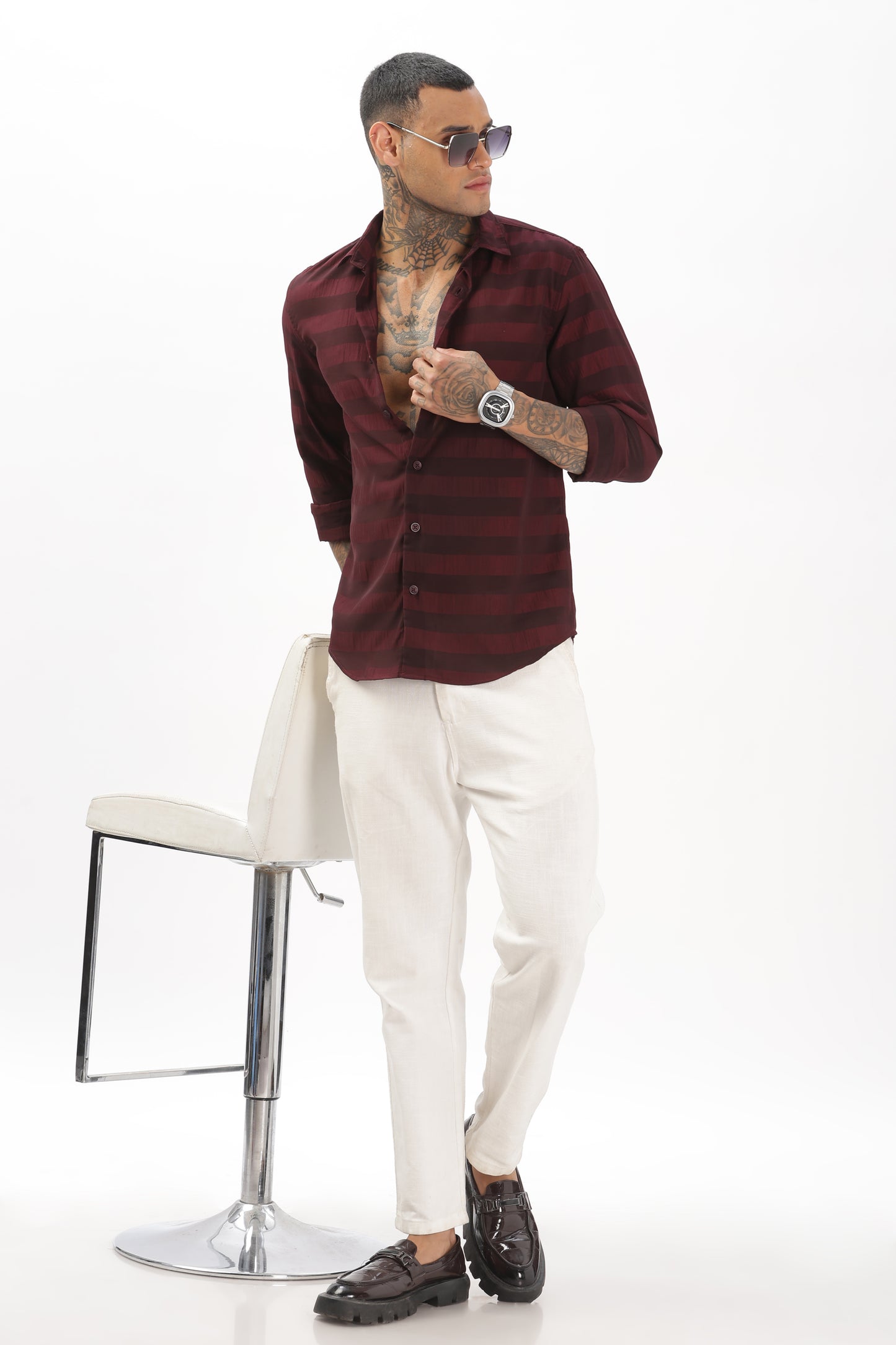 Shiny Reddish-Black Striped Shirt