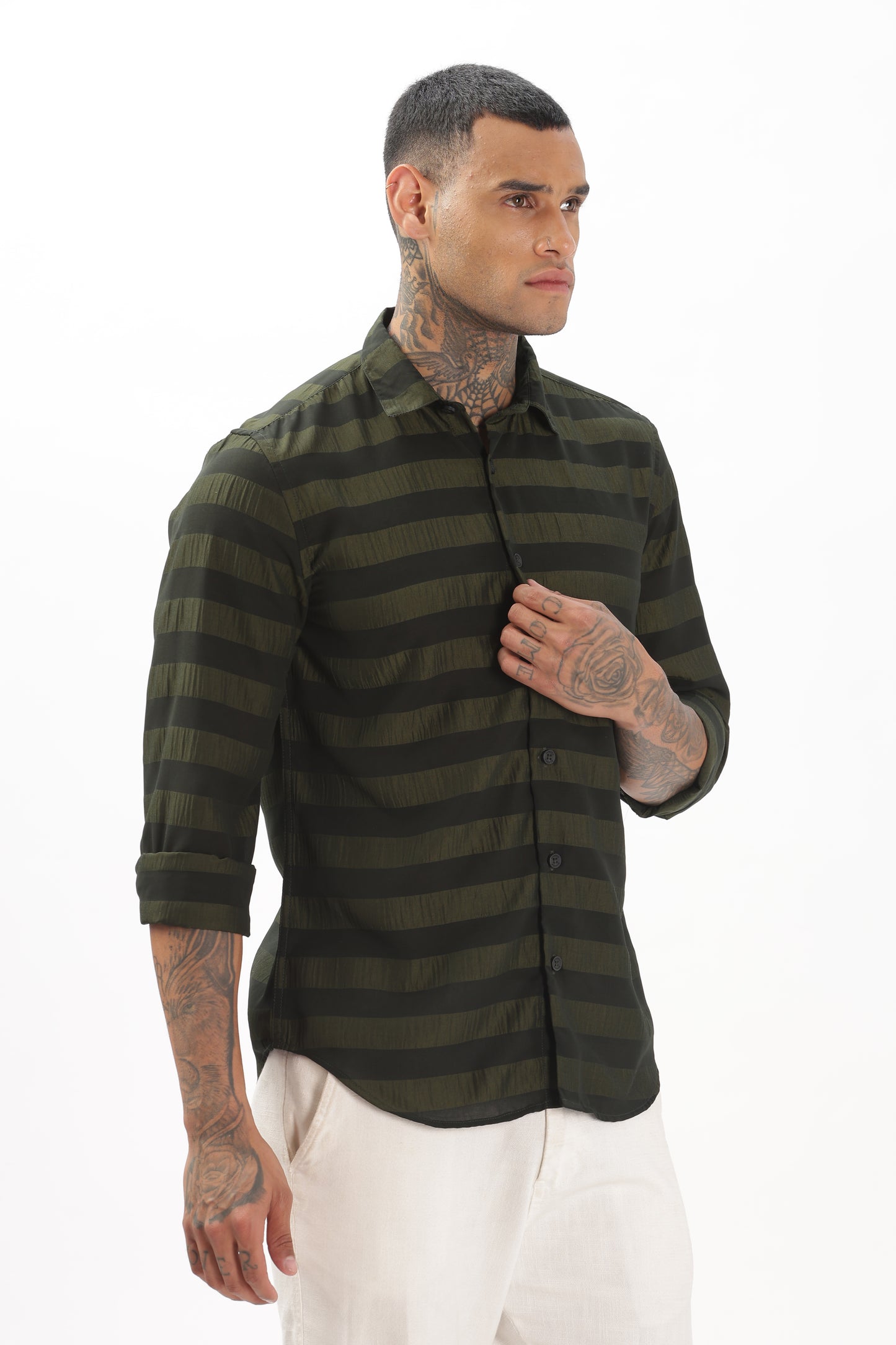 Shiny Greenish-Black Striped Shirt