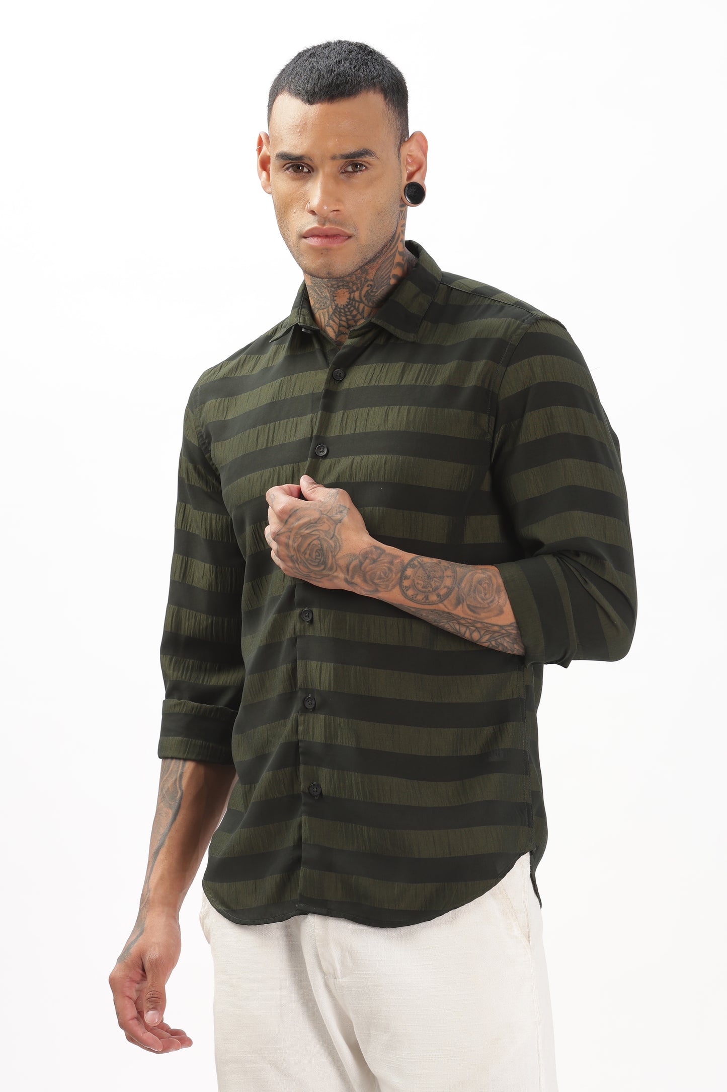 Shiny Greenish-Black Striped Shirt