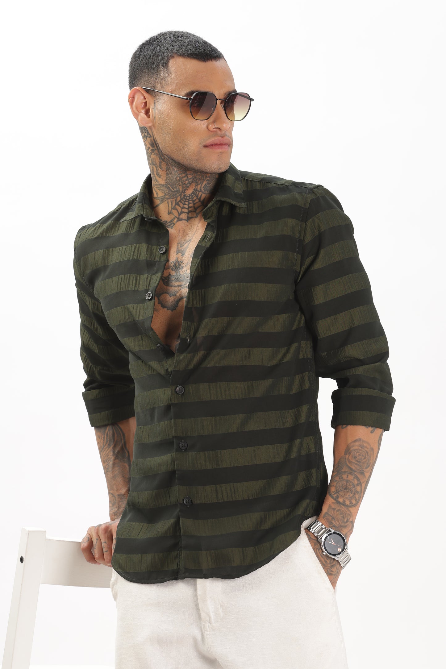 Shiny Greenish-Black Striped Shirt