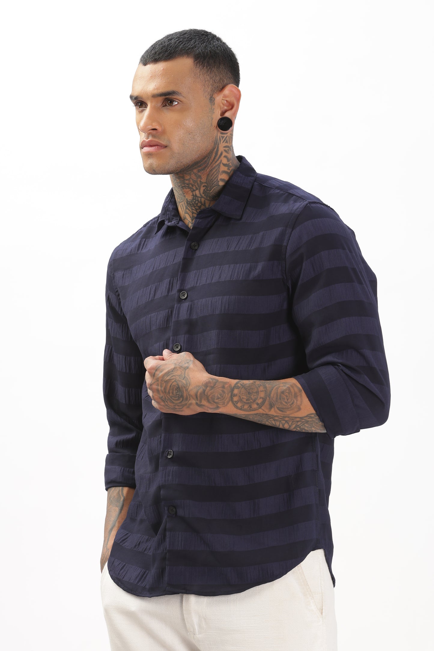Shiny Bluish-Black Striped Shirt