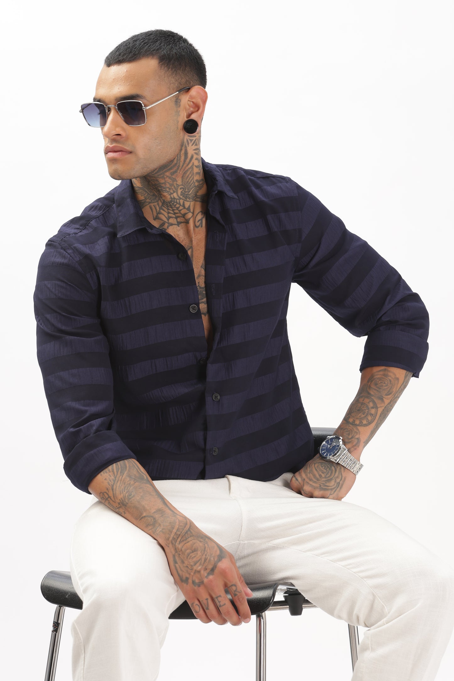 Shiny Bluish-Black Striped Shirt