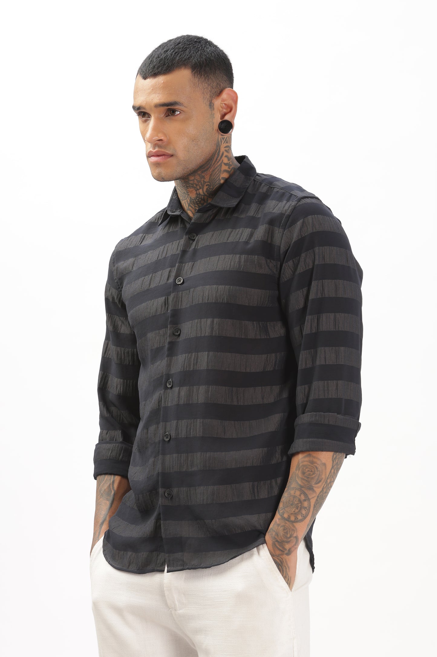 Shiny Grayish-Black Striped Shirt