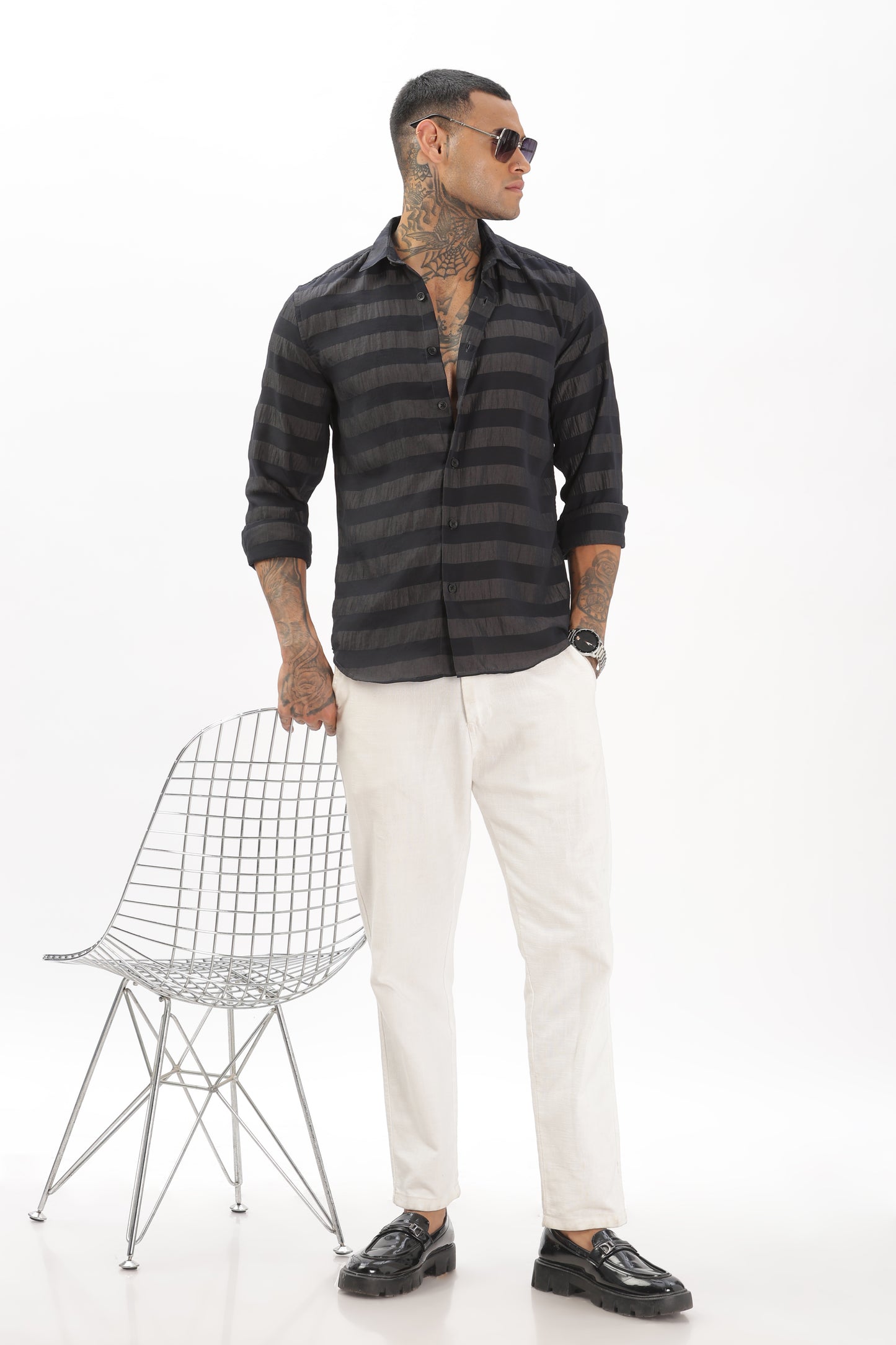 Shiny Grayish-Black Striped Shirt