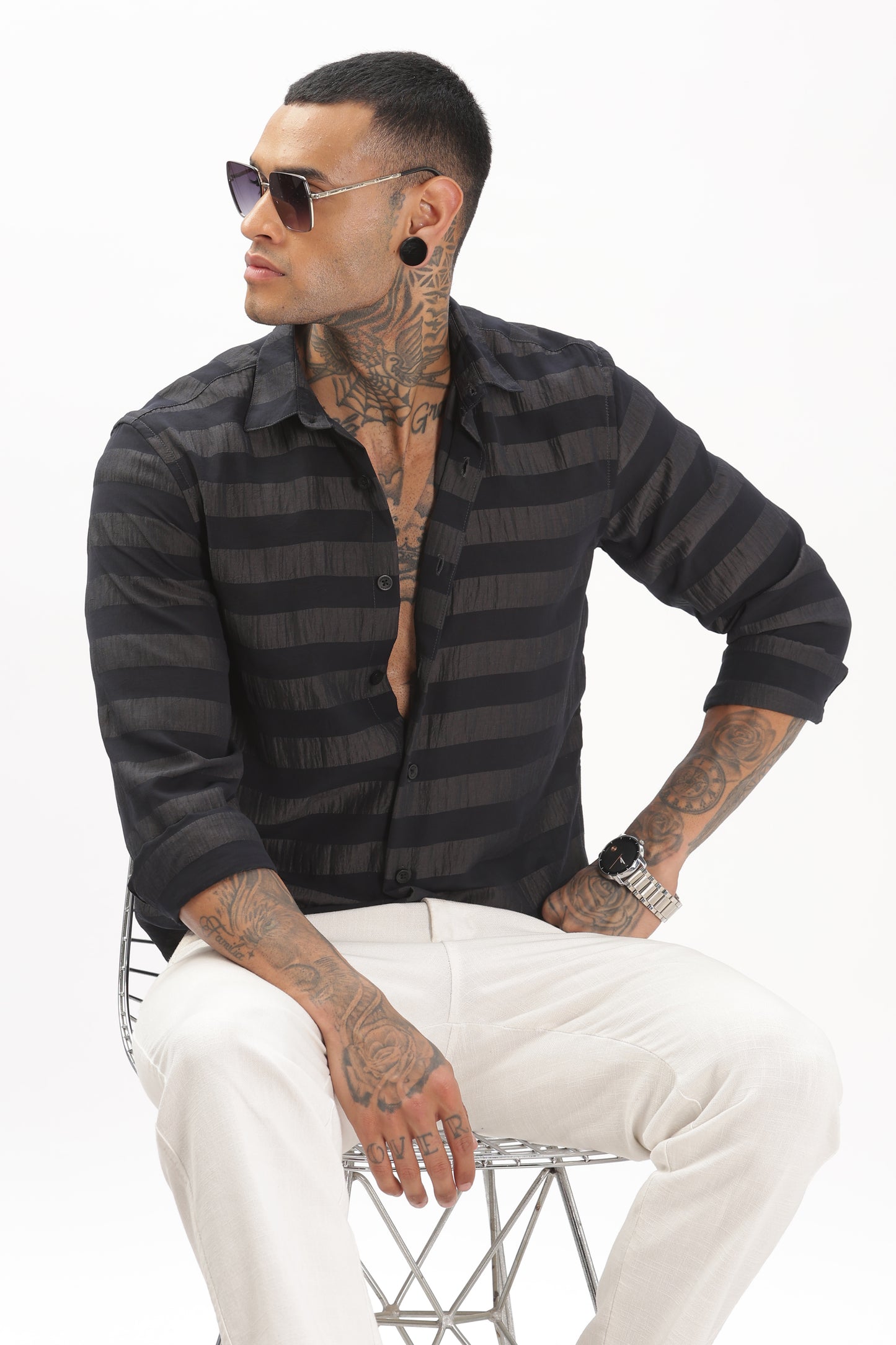 Shiny Grayish-Black Striped Shirt
