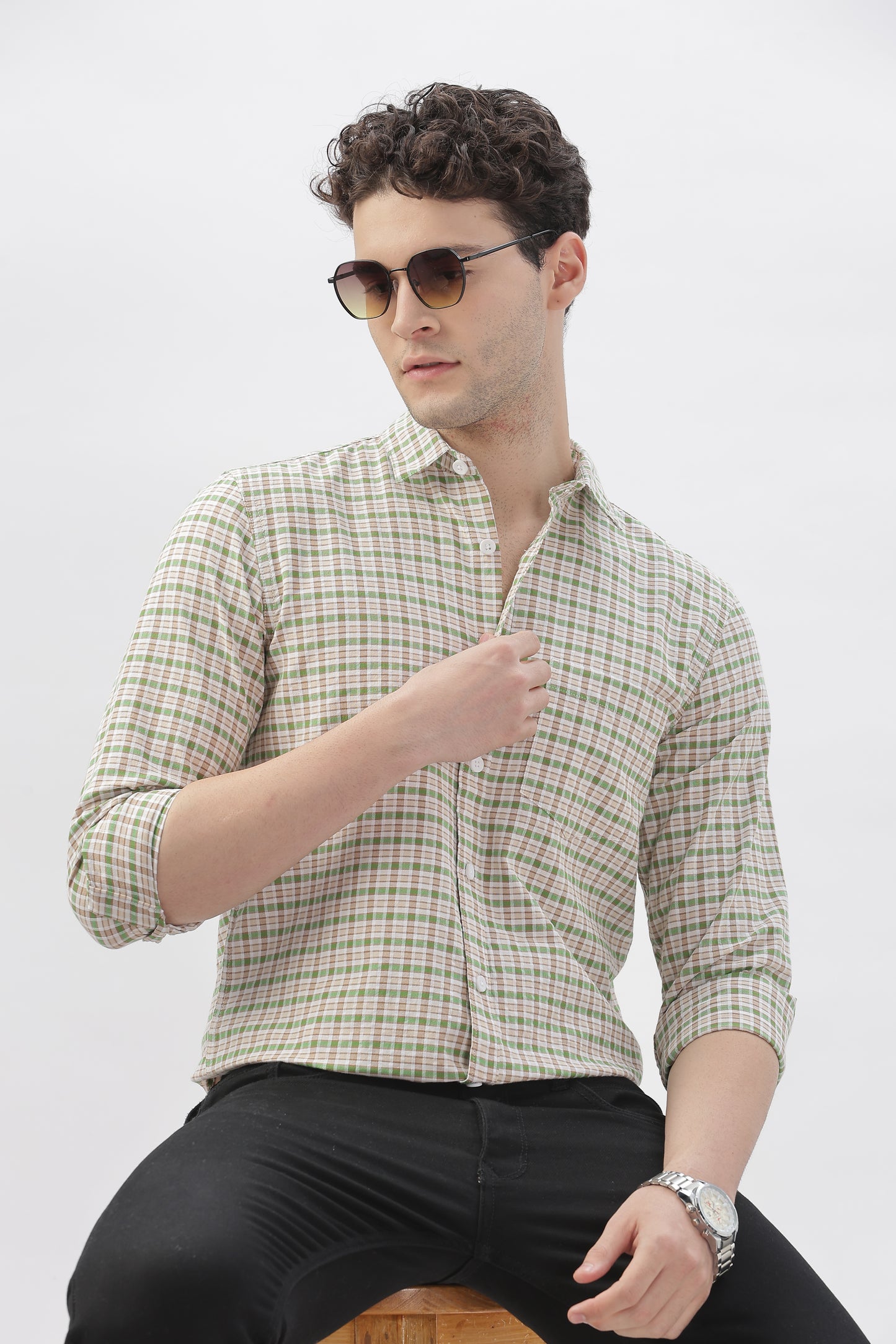 Two-Tone Green and White Check Shirt