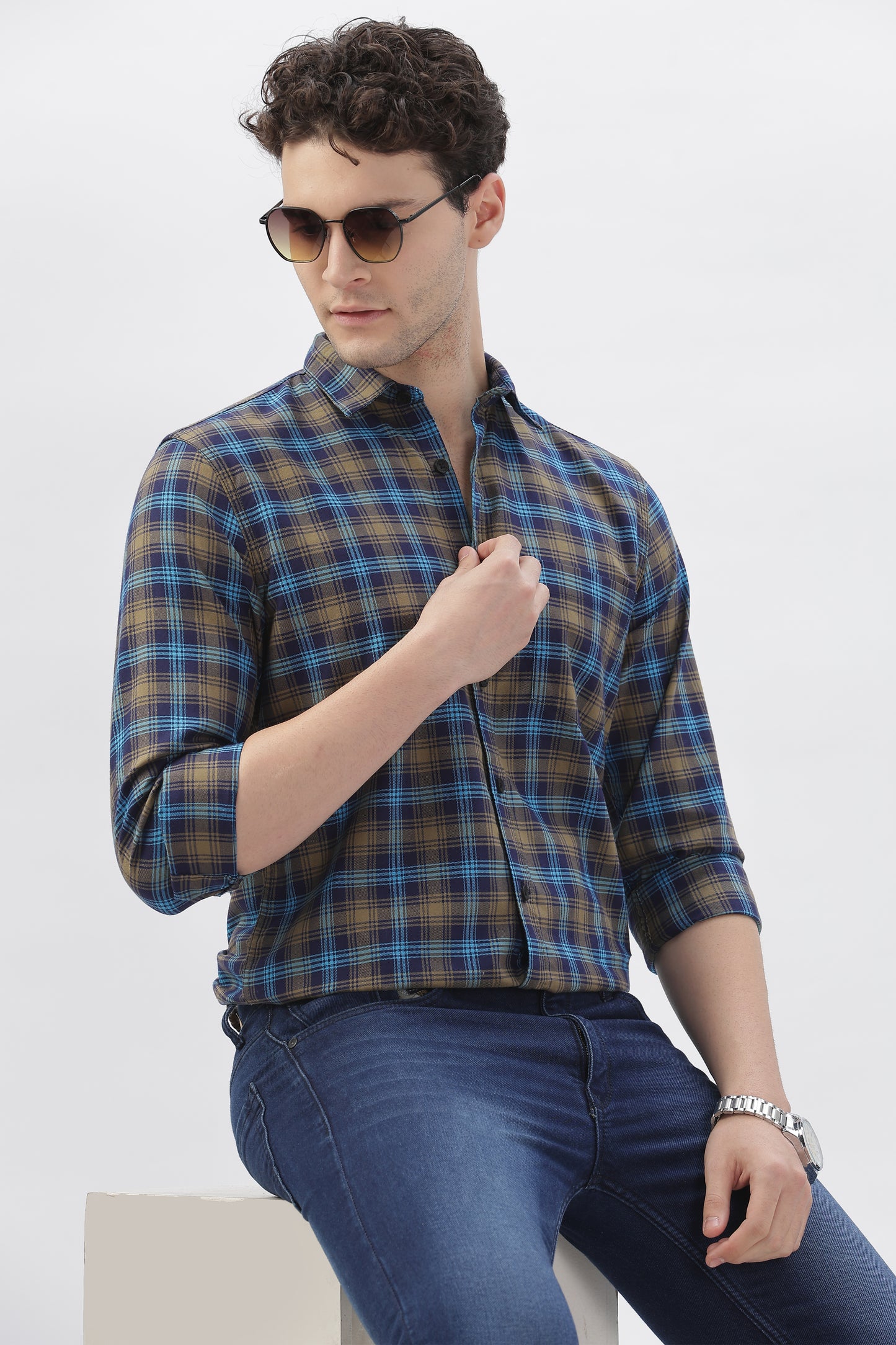 Blue & Gray Checked Plaid Shirt