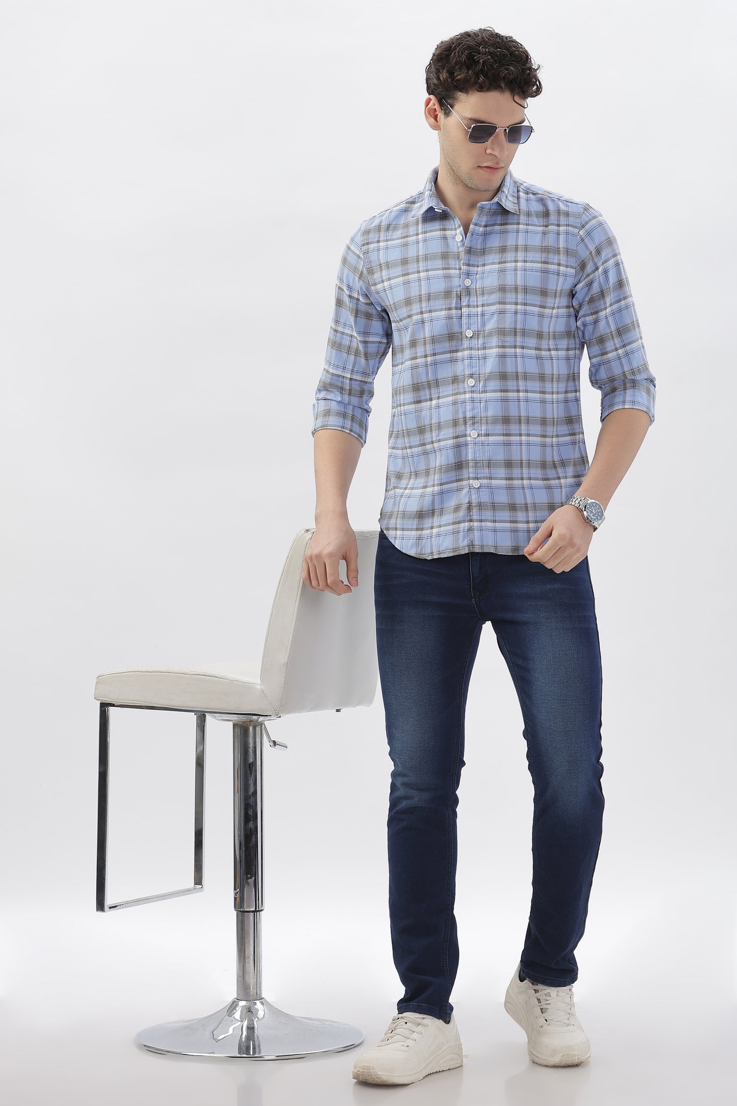 Soft Blue and Grey Checked Shirt