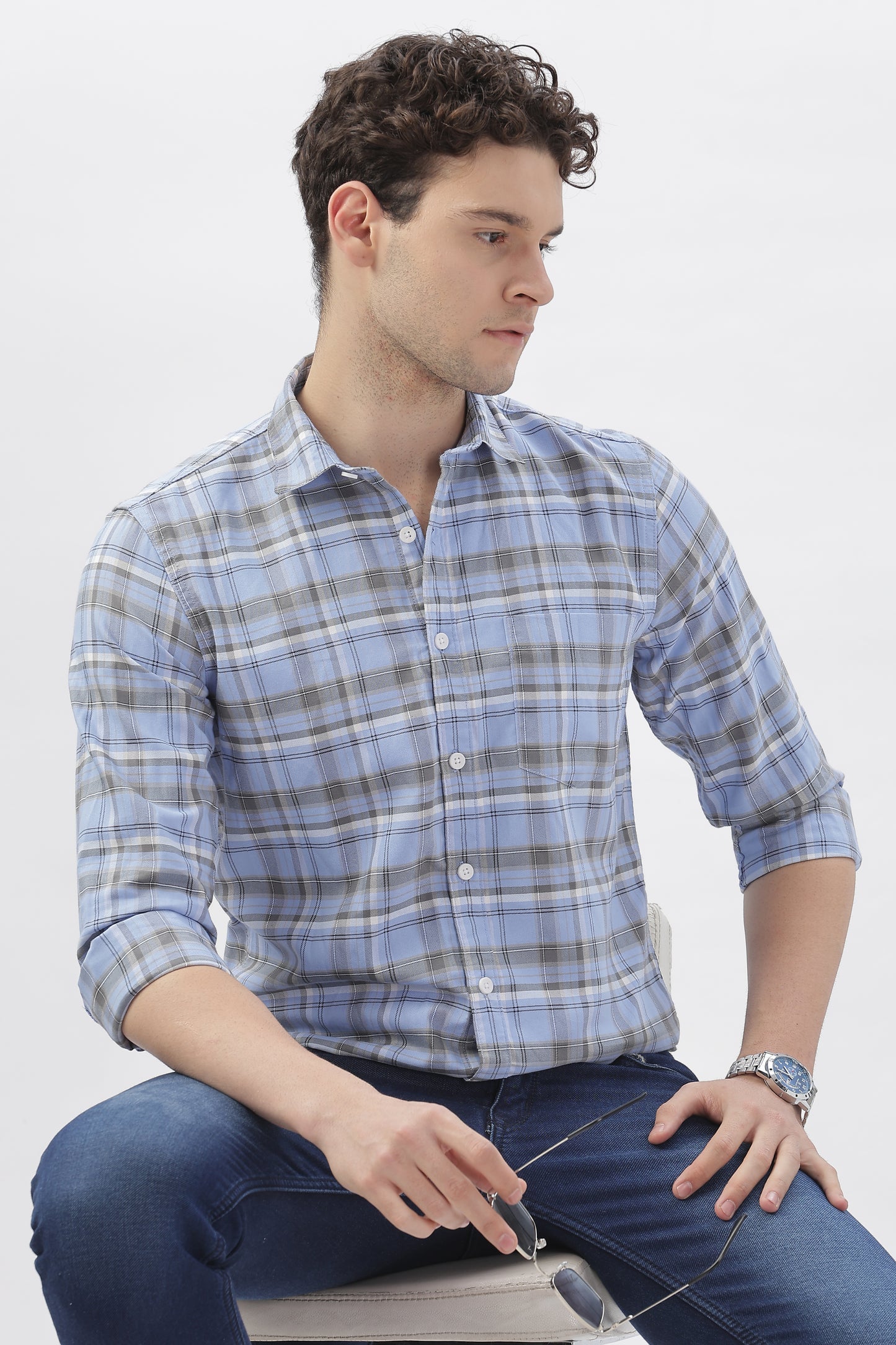 Soft Blue and Grey Checked Shirt