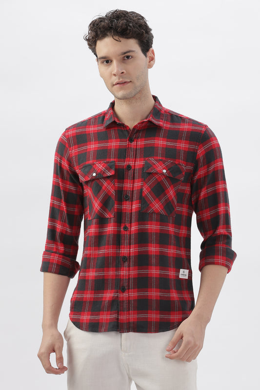 Double Pocket Red Checkered Shirt