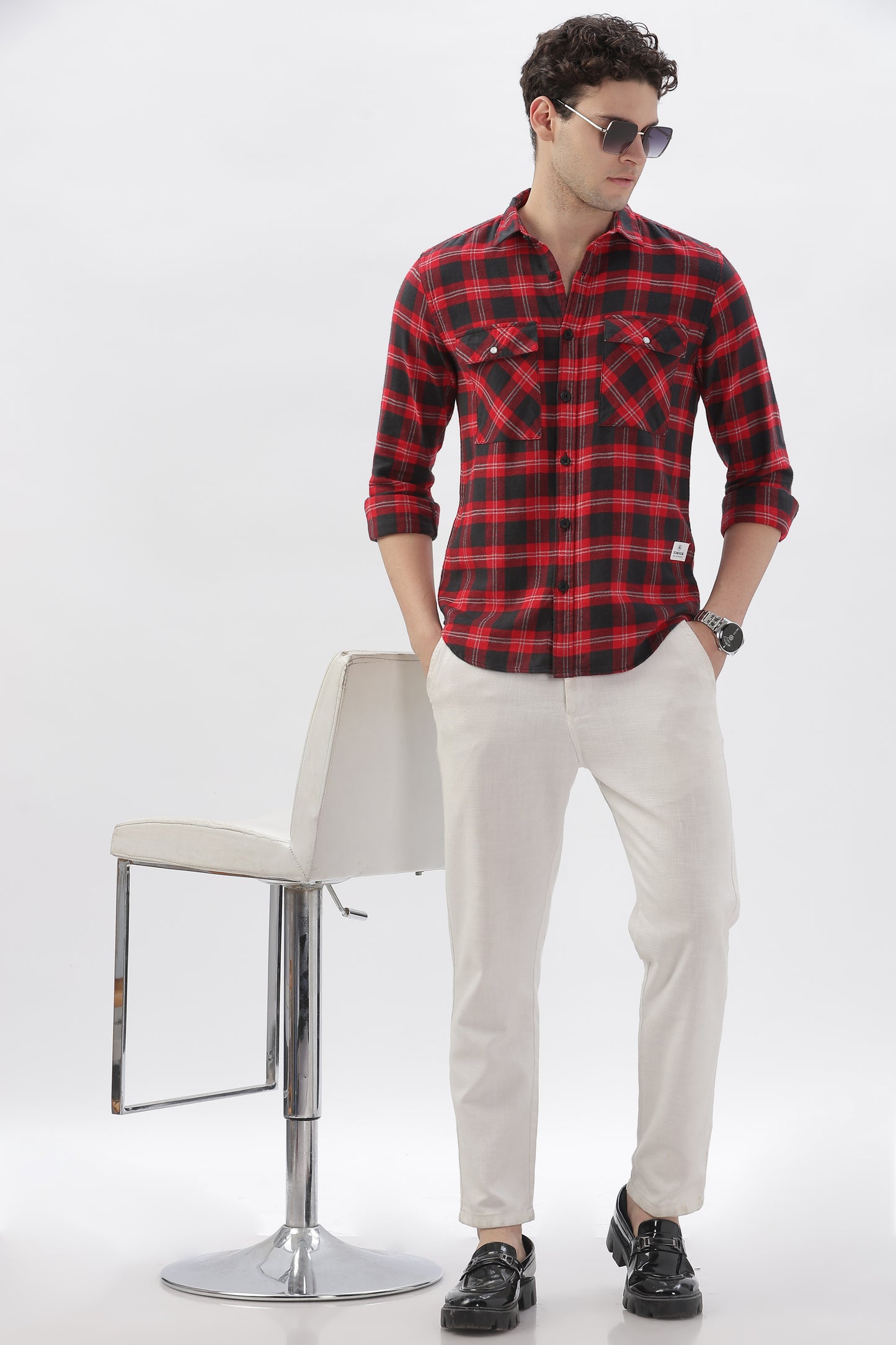 Double Pocket Red Checkered Shirt