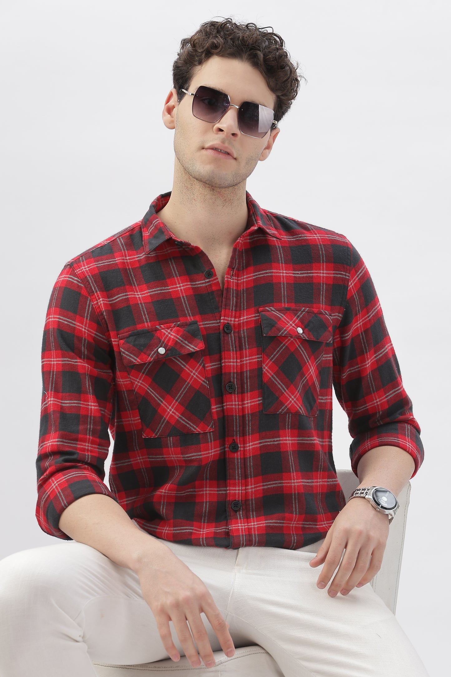Double Pocket Red Checkered Shirt